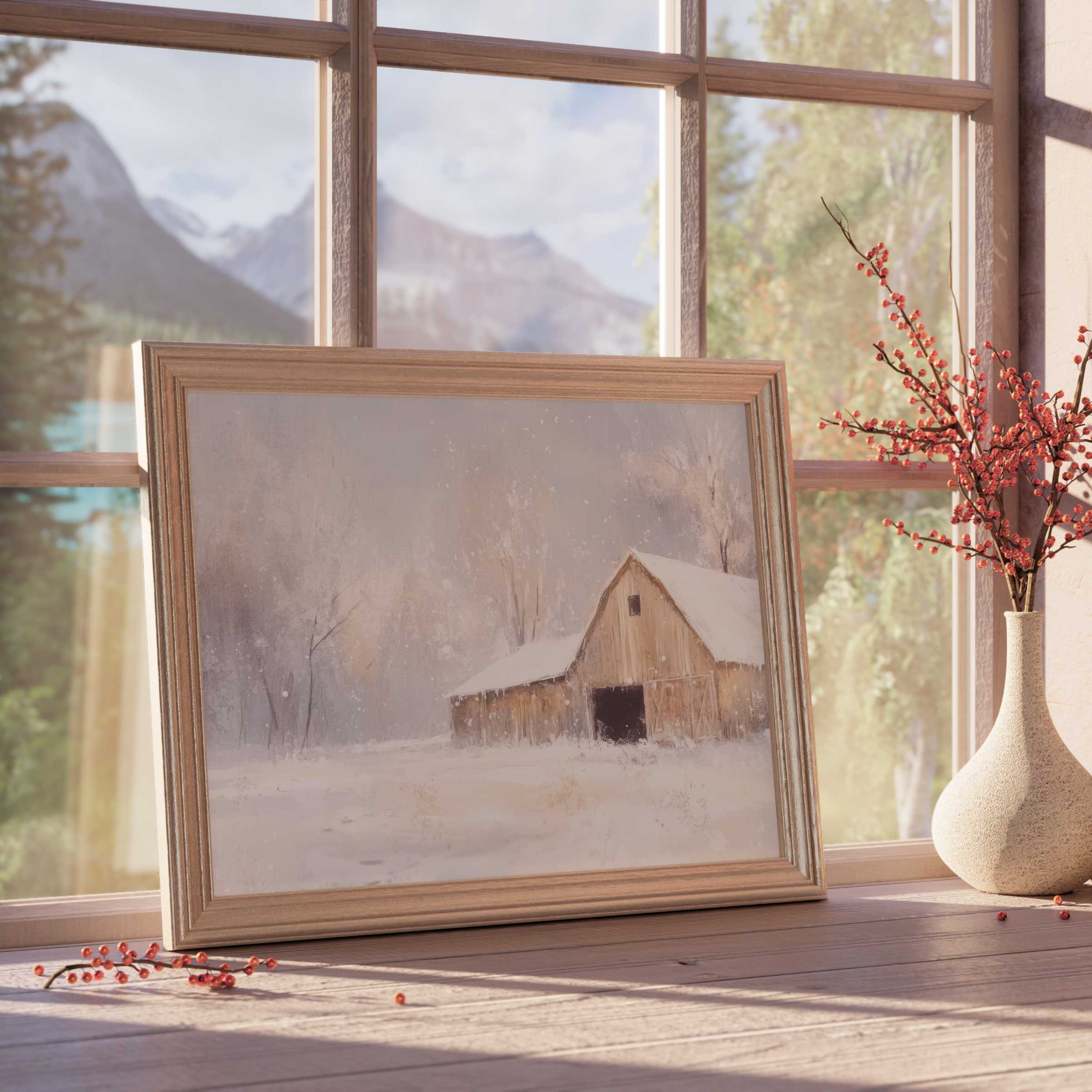 Farmhouse downloadable art evokes serene winter charm with soft neutrals, enhancing curated, tranquil, and elegant interiors