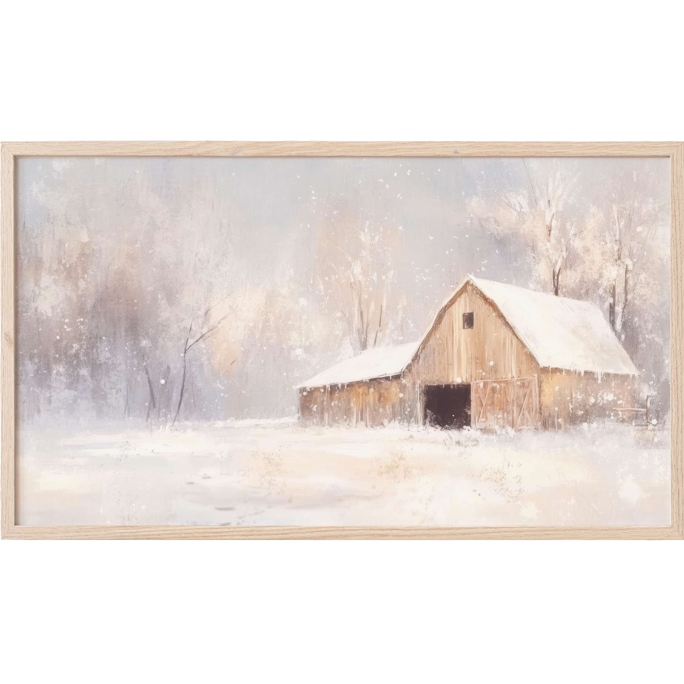 Farmhouse Frame TV Art depicts a serene snow-covered barn in soft neutrals with an elegant, modern muted palette