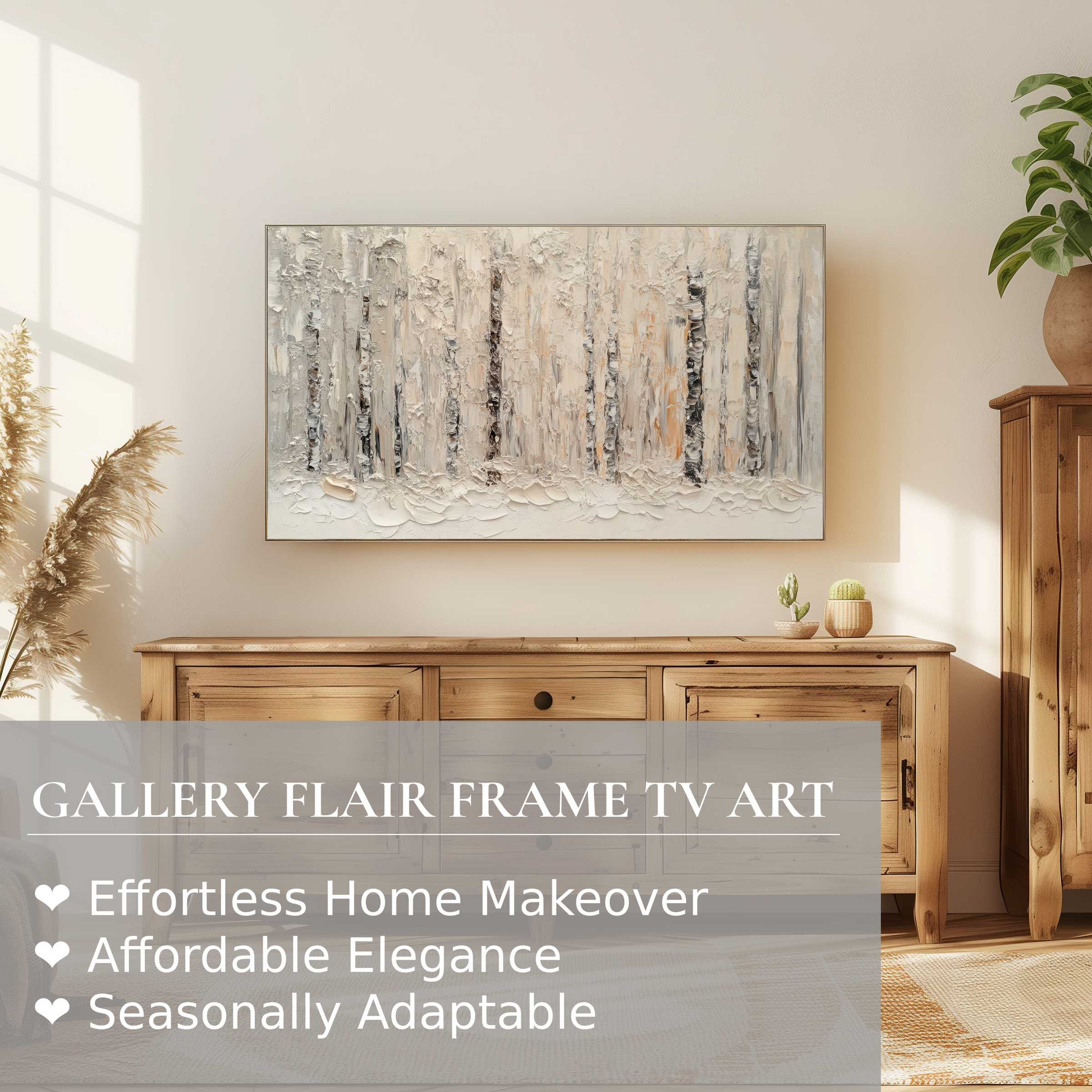 Samsung Frame TV displays vintage digital artwork of textured birch trees in a warm, minimalist living space