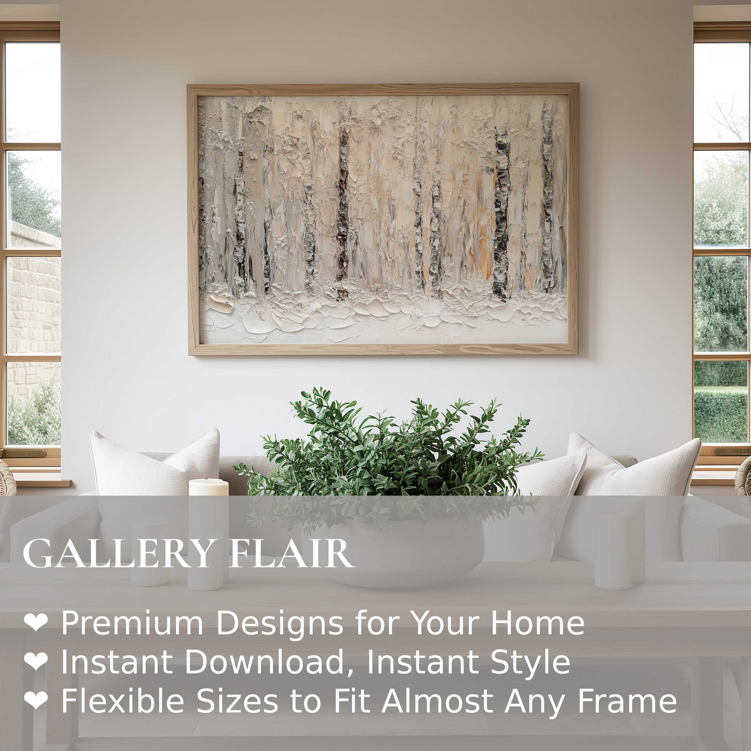Vintage wall art print featuring textured birch trees in soft neutrals, enhancing modern minimalist interiors with calming, sophisticated warmth