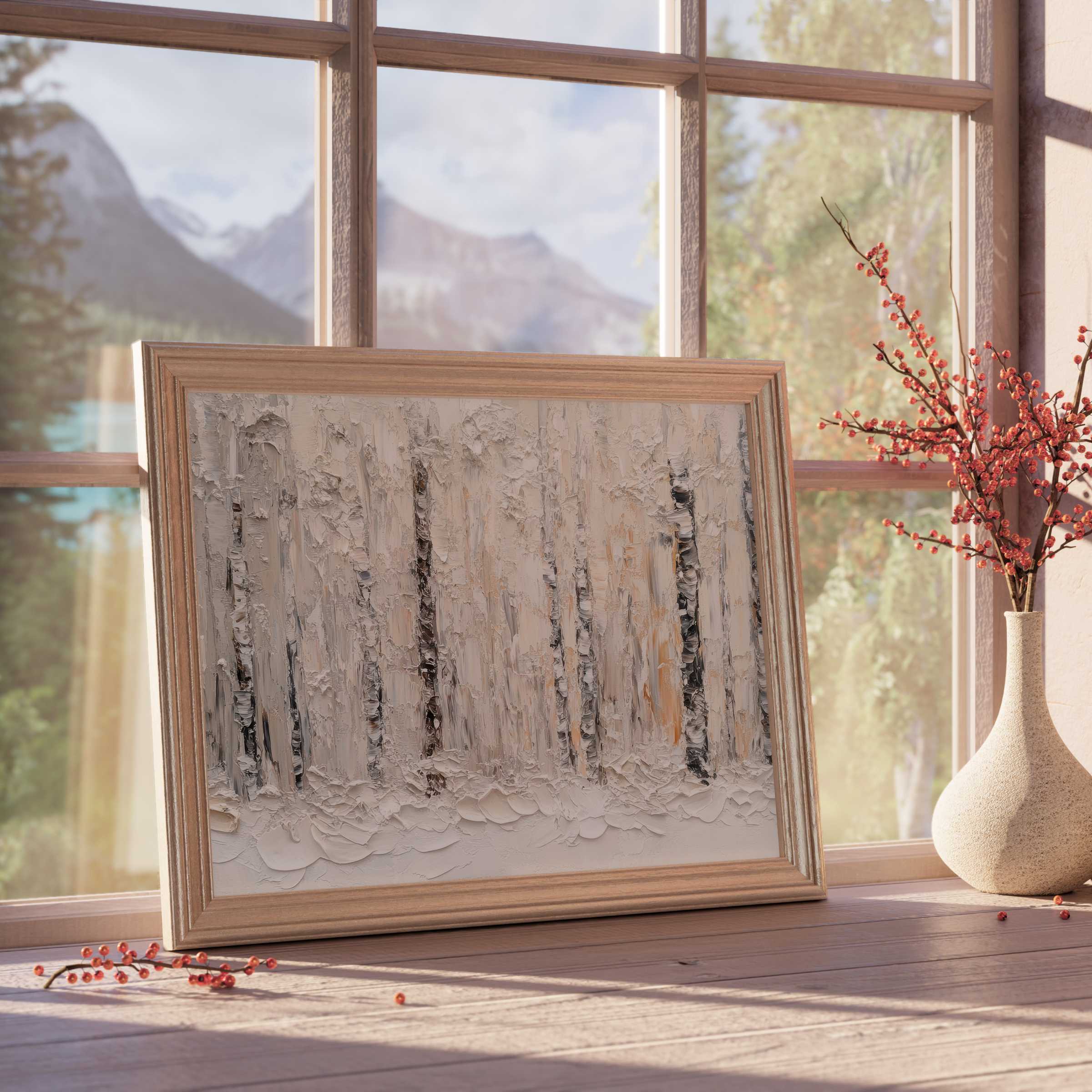 Vintage downloadable art capturing textured birch trees in muted tones, enhancing serene, curated interiors with timeless elegance