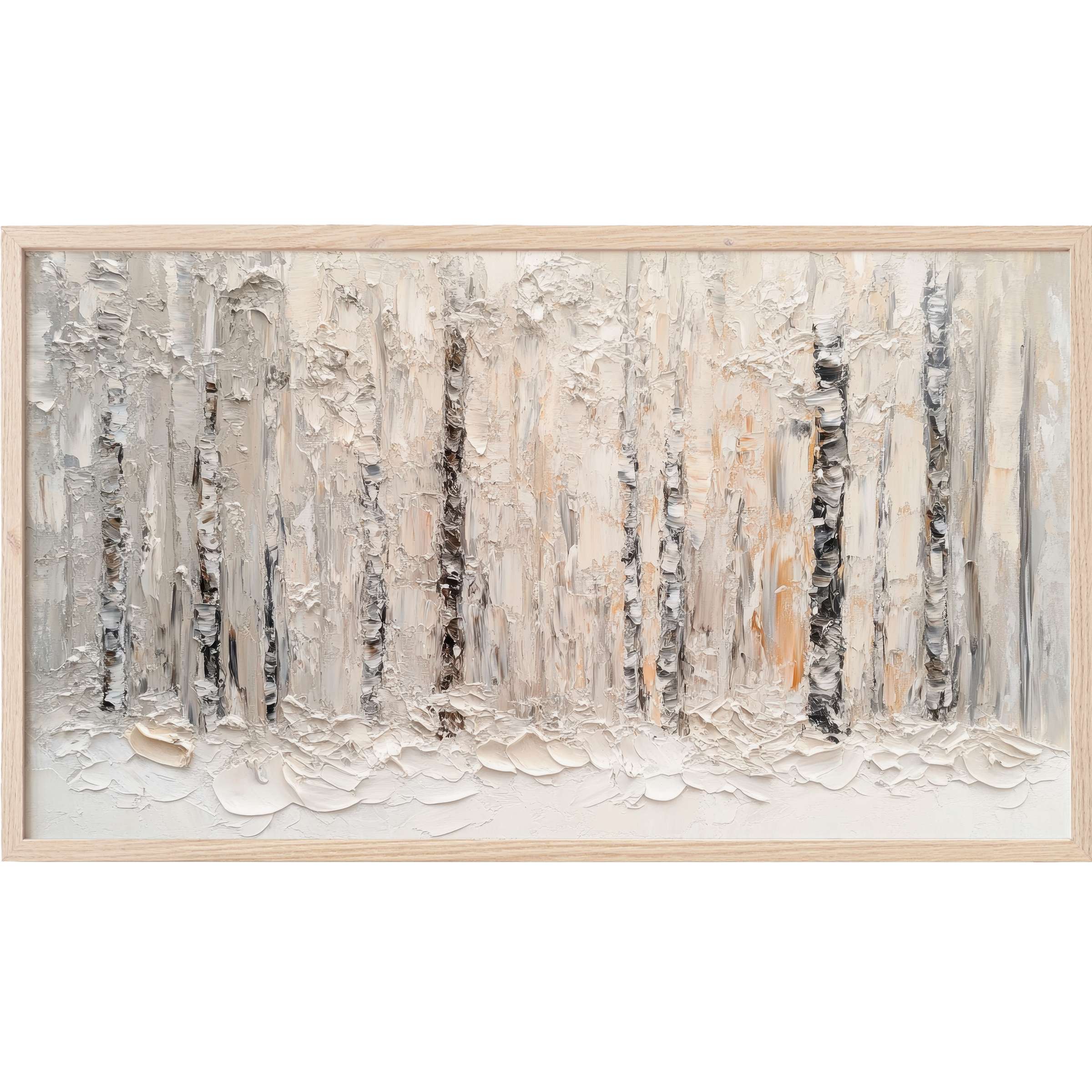 Textured winter birch forest in muted creams and grays, framed with natural wood, vintage Frame TV Art