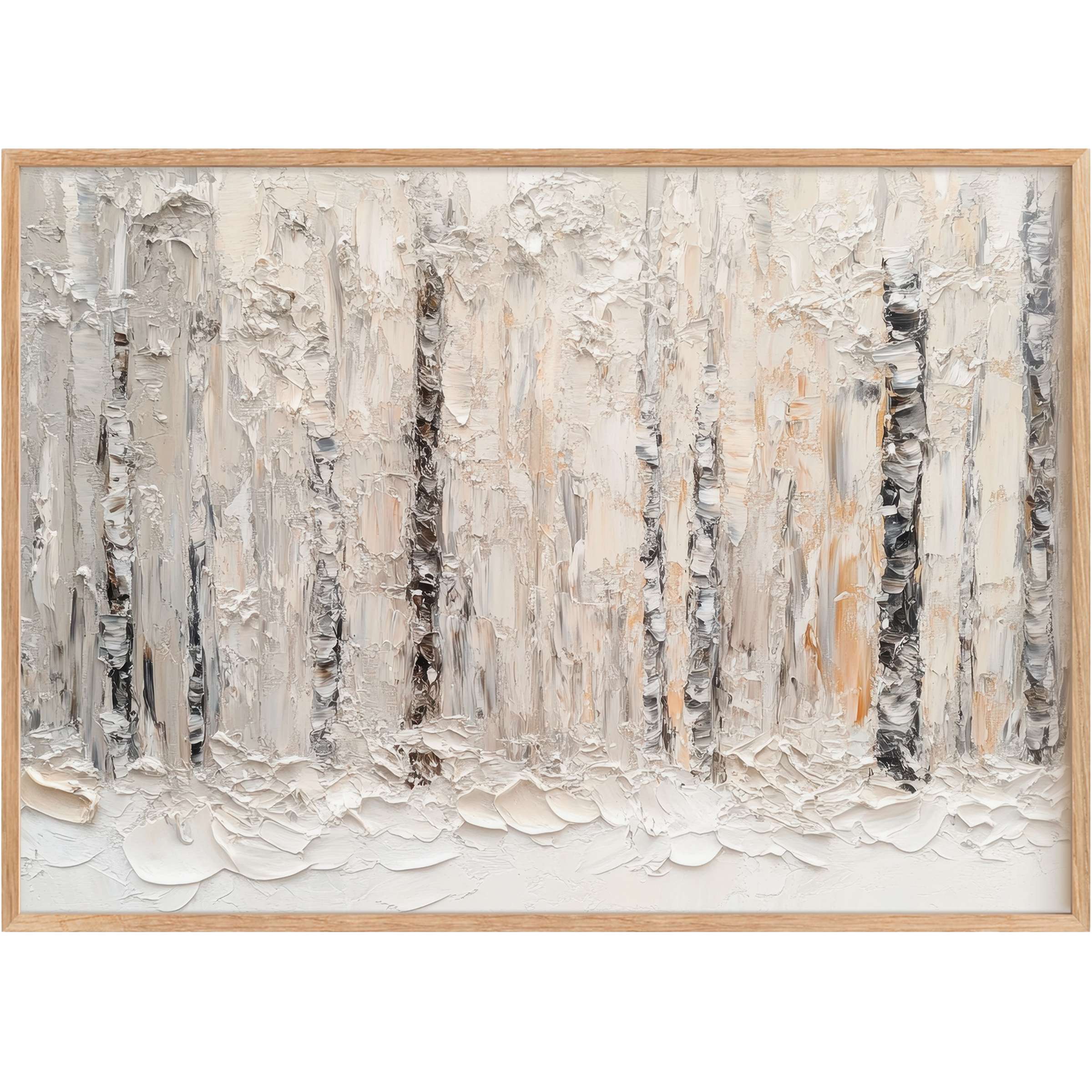 Vintage printable wall art capturing a serene birch forest in creamy whites and soft grays, evoking a tranquil, elegant ambiance