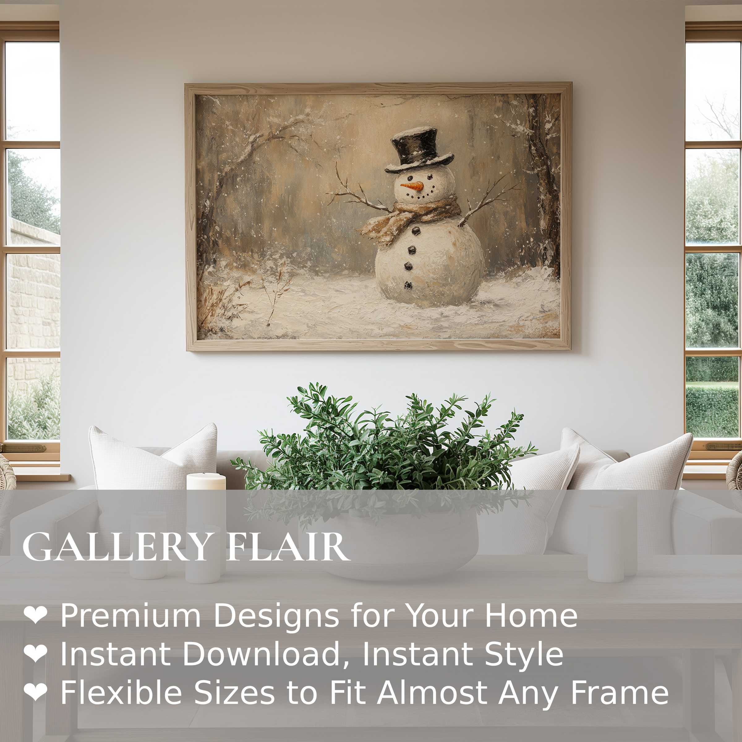 Christmas wall art print featuring a charming snowman in muted winter tones, enhancing cozy, modern farmhouse interiors with nostalgic warmth