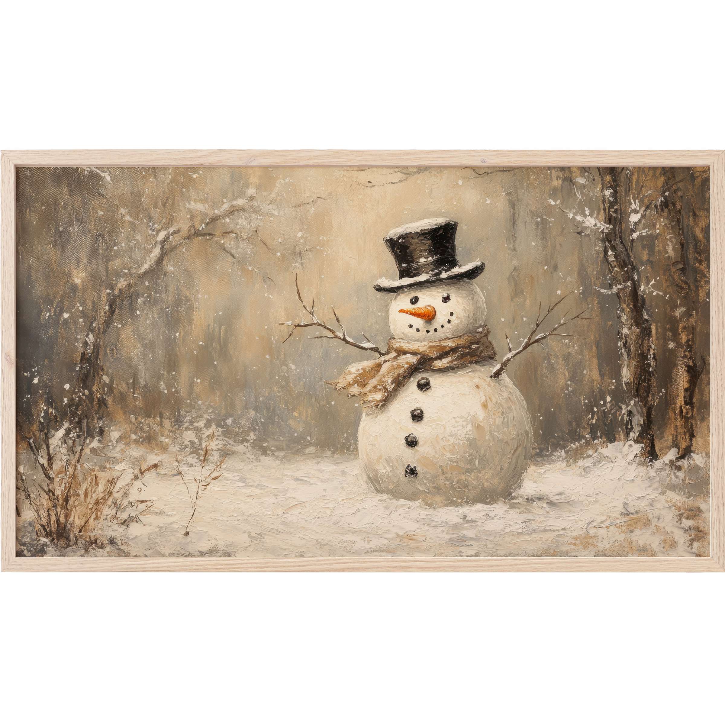 Christmas Frame TV Art with textured snowman in muted beige and gray winter woods, elegant neutral tones, and rustic charm
