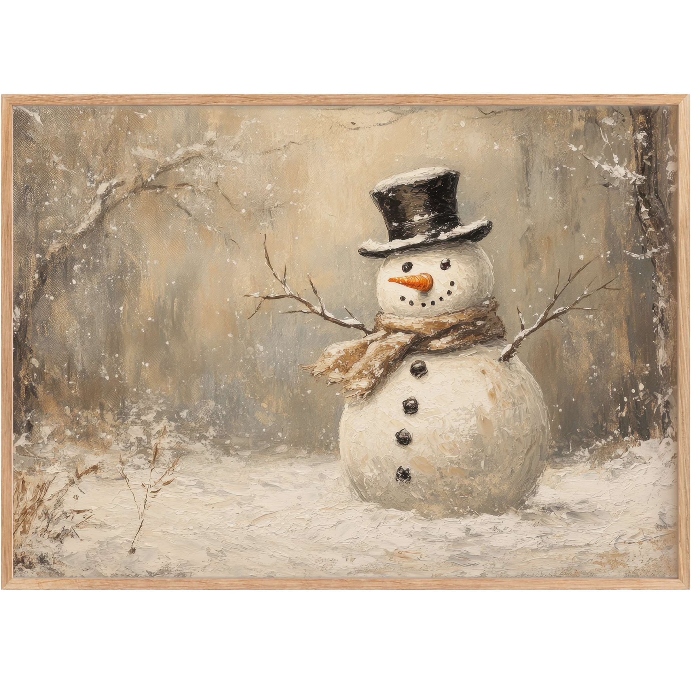 Charming Christmas printable wall art featuring a joyful snowman in warm neutrals and soft snowfall, evoking cozy, serene winter elegance