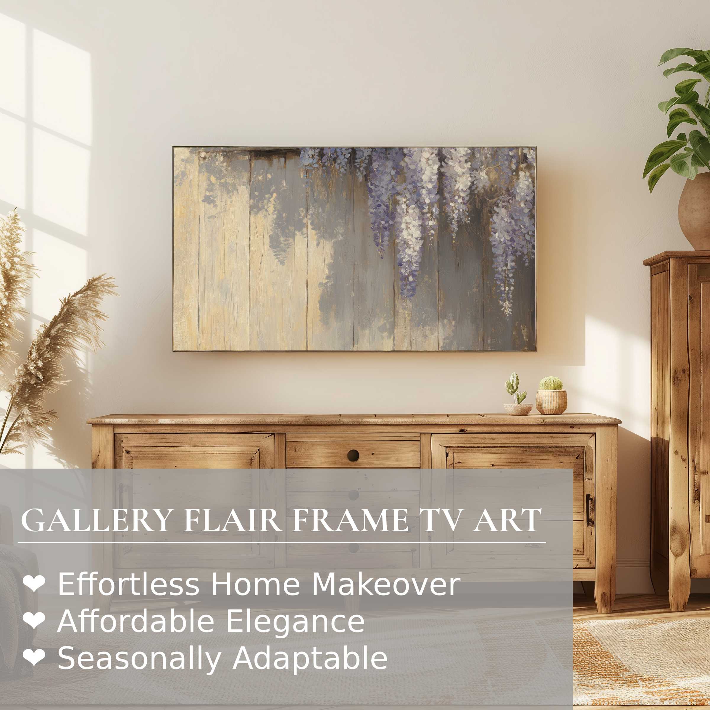Samsung Frame TV displaying spring digital artwork with soft floral hues in a serene, modern living space