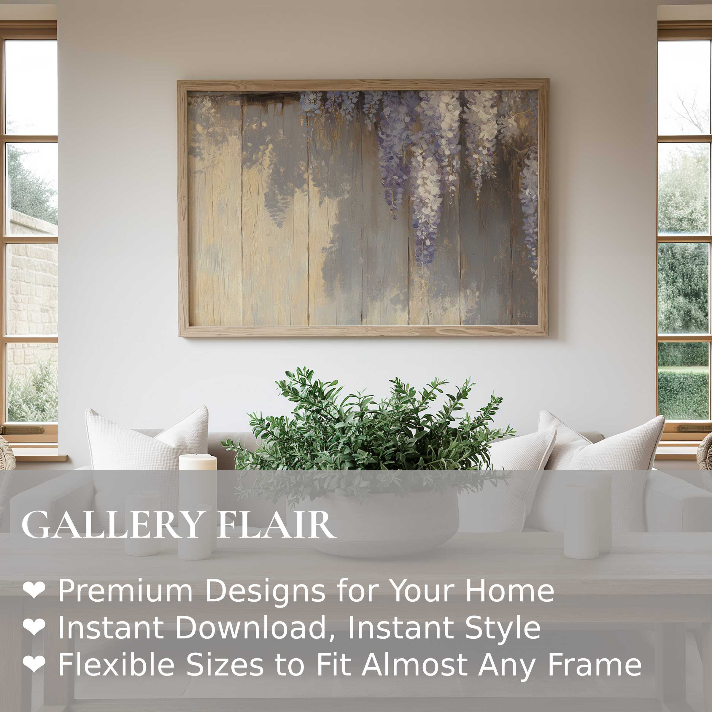 Spring wall art print featuring delicate wisteria blooms in soft purples and muted grays, radiating calming elegance in a modern farmhouse living room