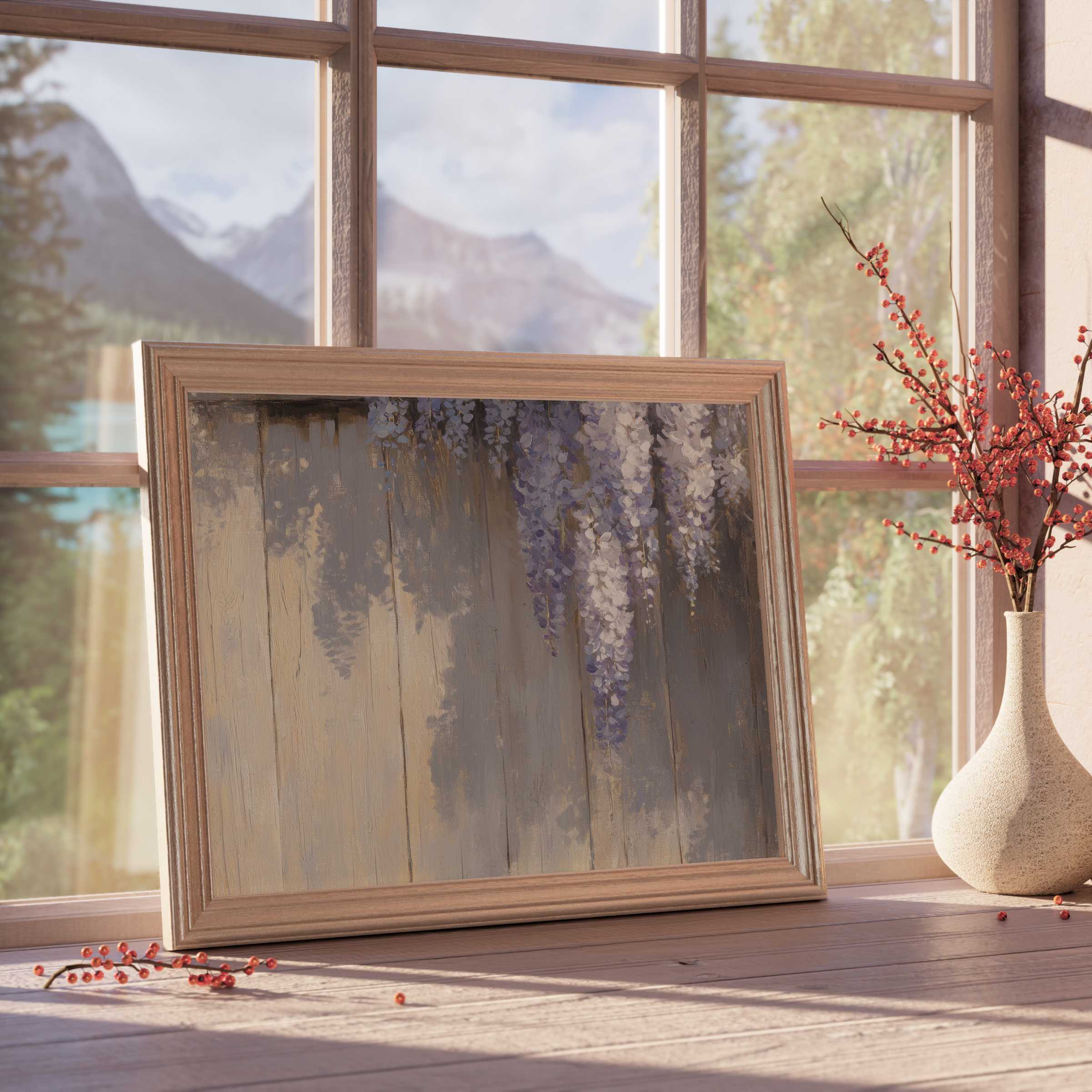 Spring downloadable art of cascading wisteria in muted tones, enriching serene, curated interiors with timeless elegance