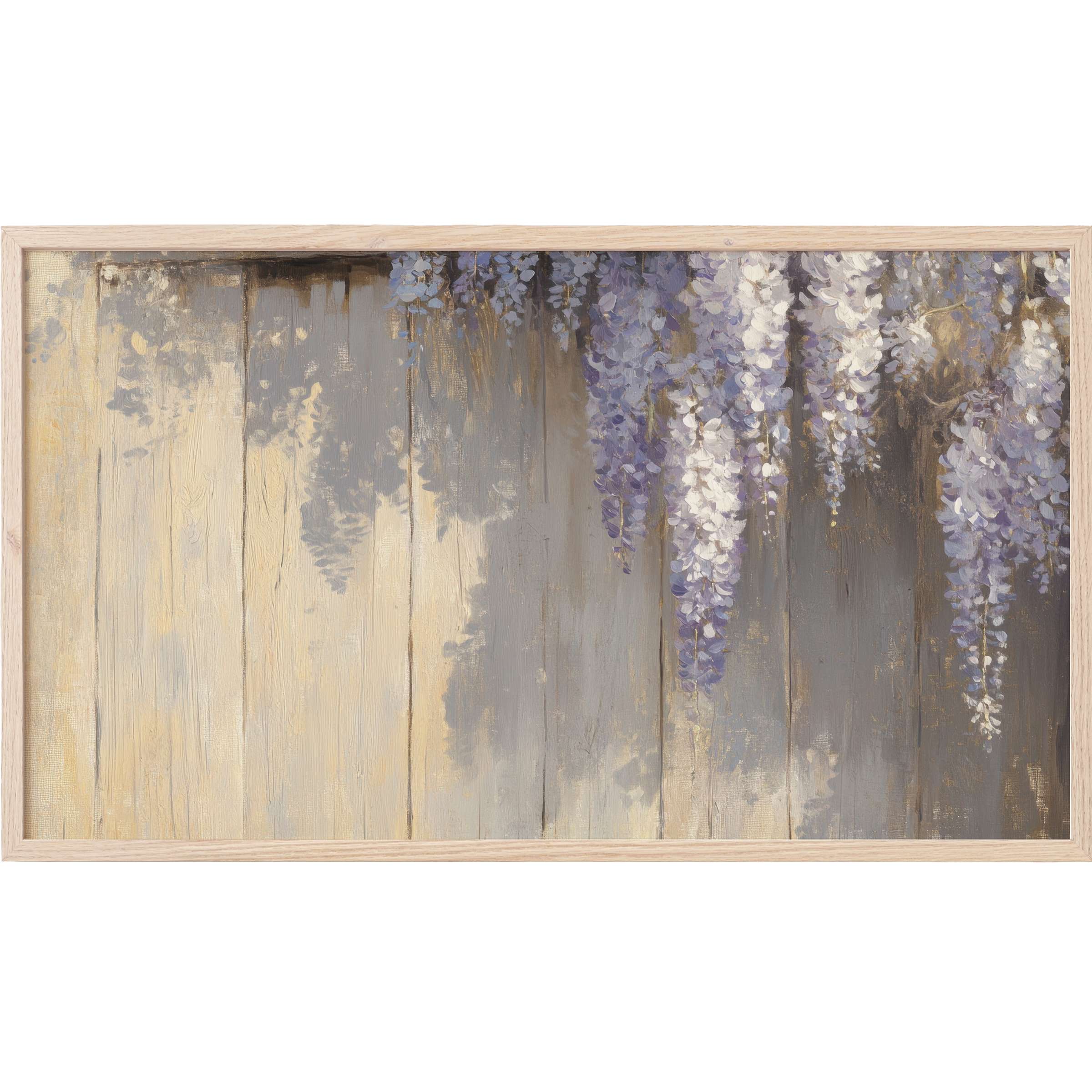 Elegant spring Frame TV Art featuring cascading lavender and white blooms against a muted beige and gray wood backdrop