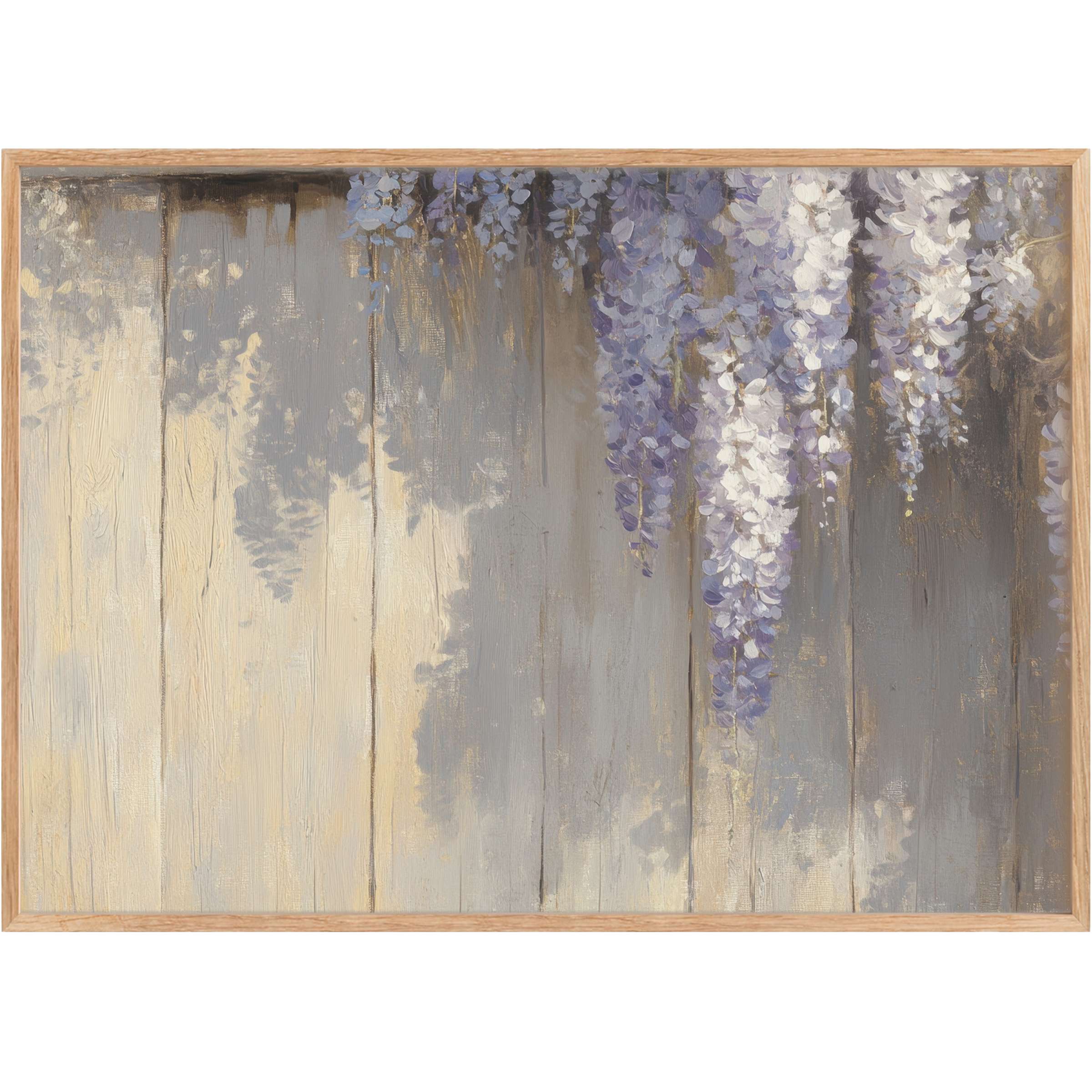 Elegant spring printable wall art featuring cascading lavender wisteria against soft, weathered wood tones for a serene, refined ambiance