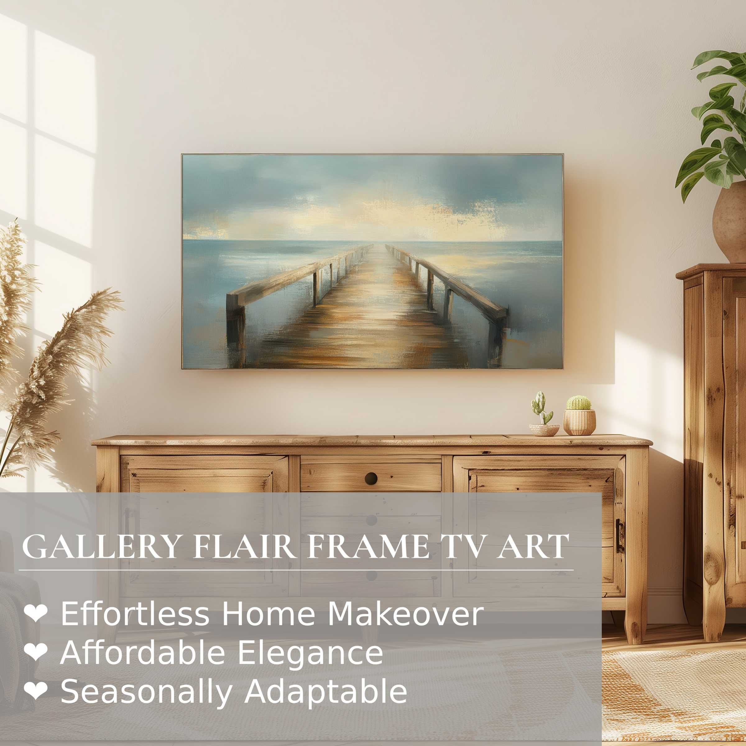 Samsung Frame TV displays serene, impressionistic beach digital artwork in a modern, elegant living space