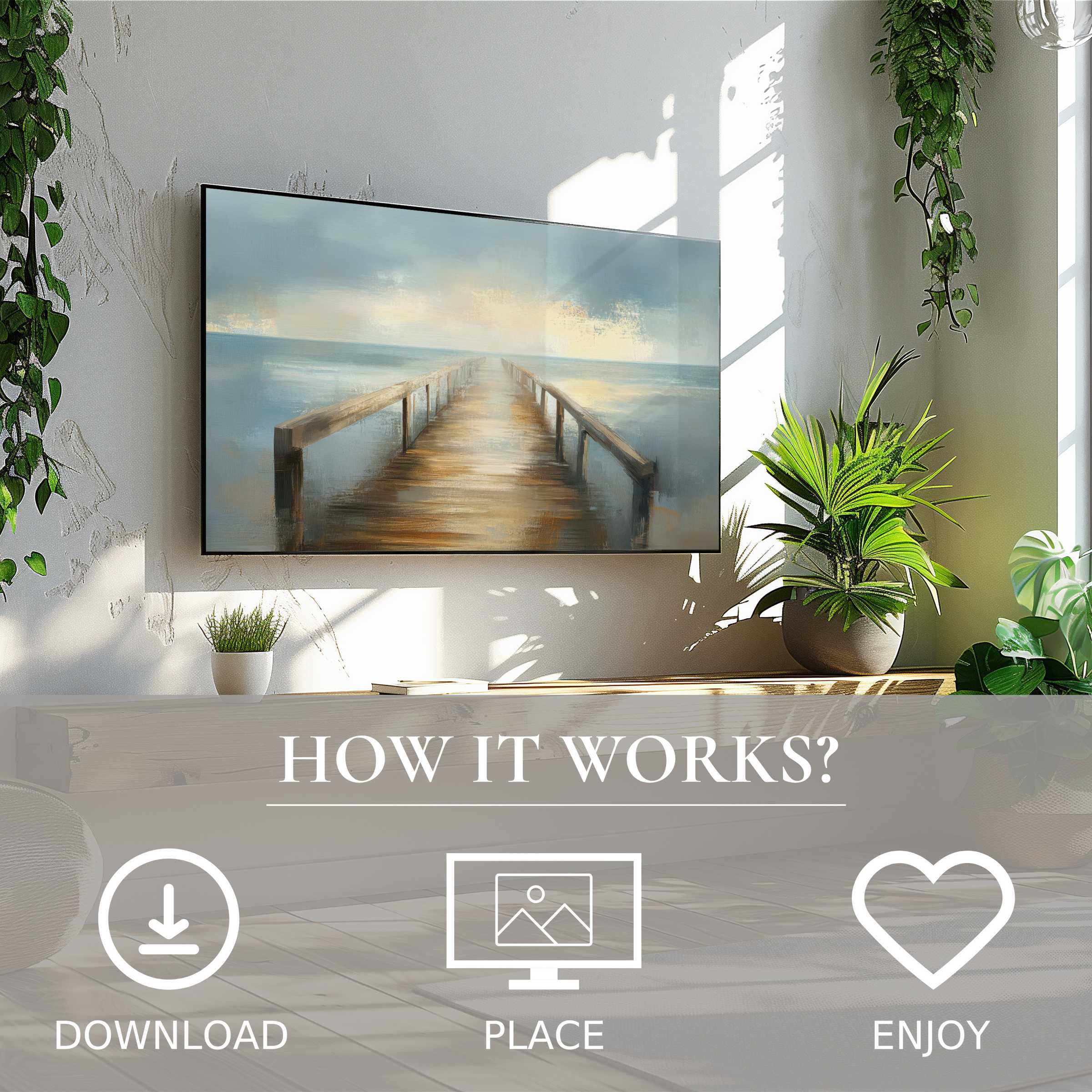 Beach art for Samsung TV showing soft sunset tones on a pier; easy digital download enriches modern home decor