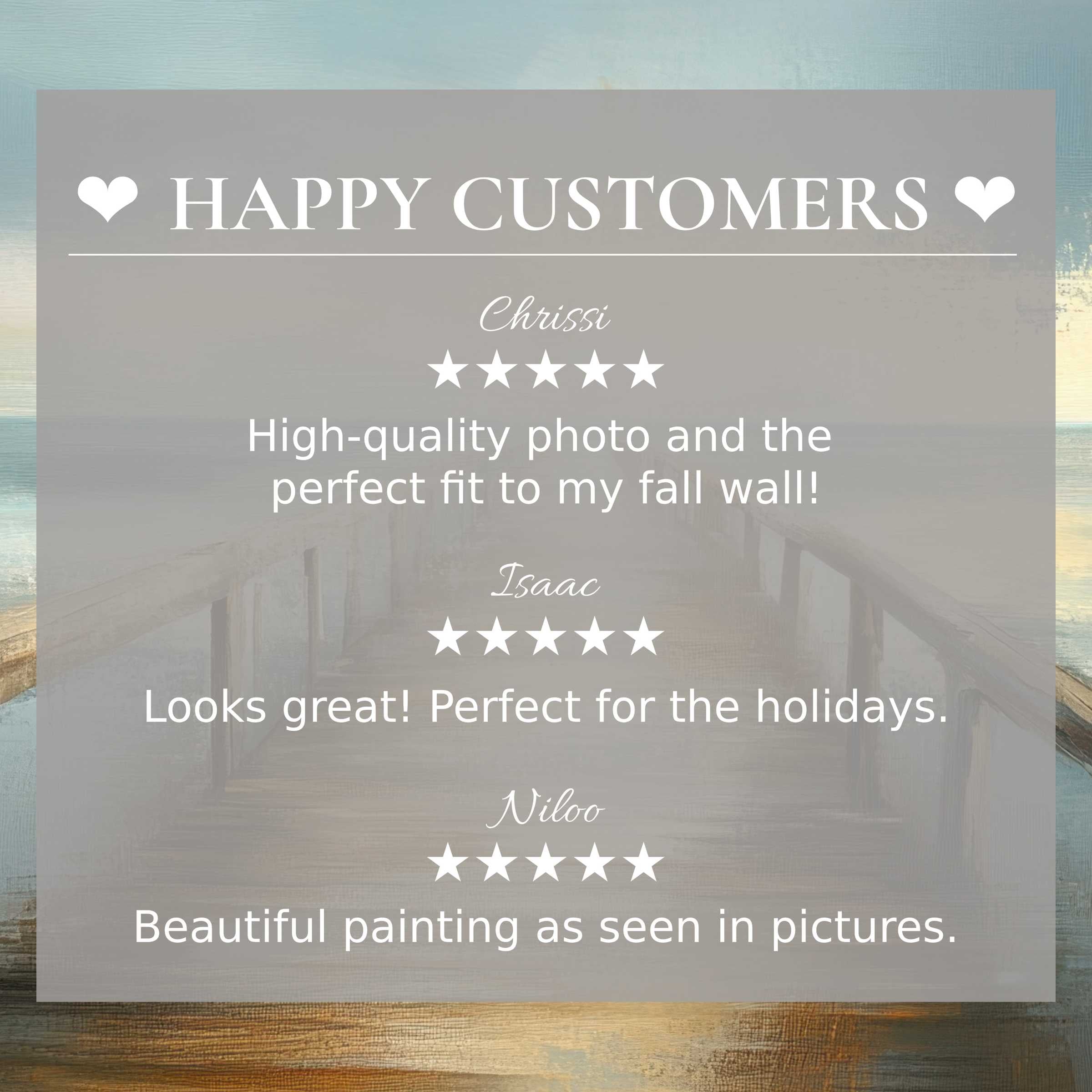 Beach art for Frame TV with abstract sunset tones, showcasing happy customer reviews and a trusted, elegant design