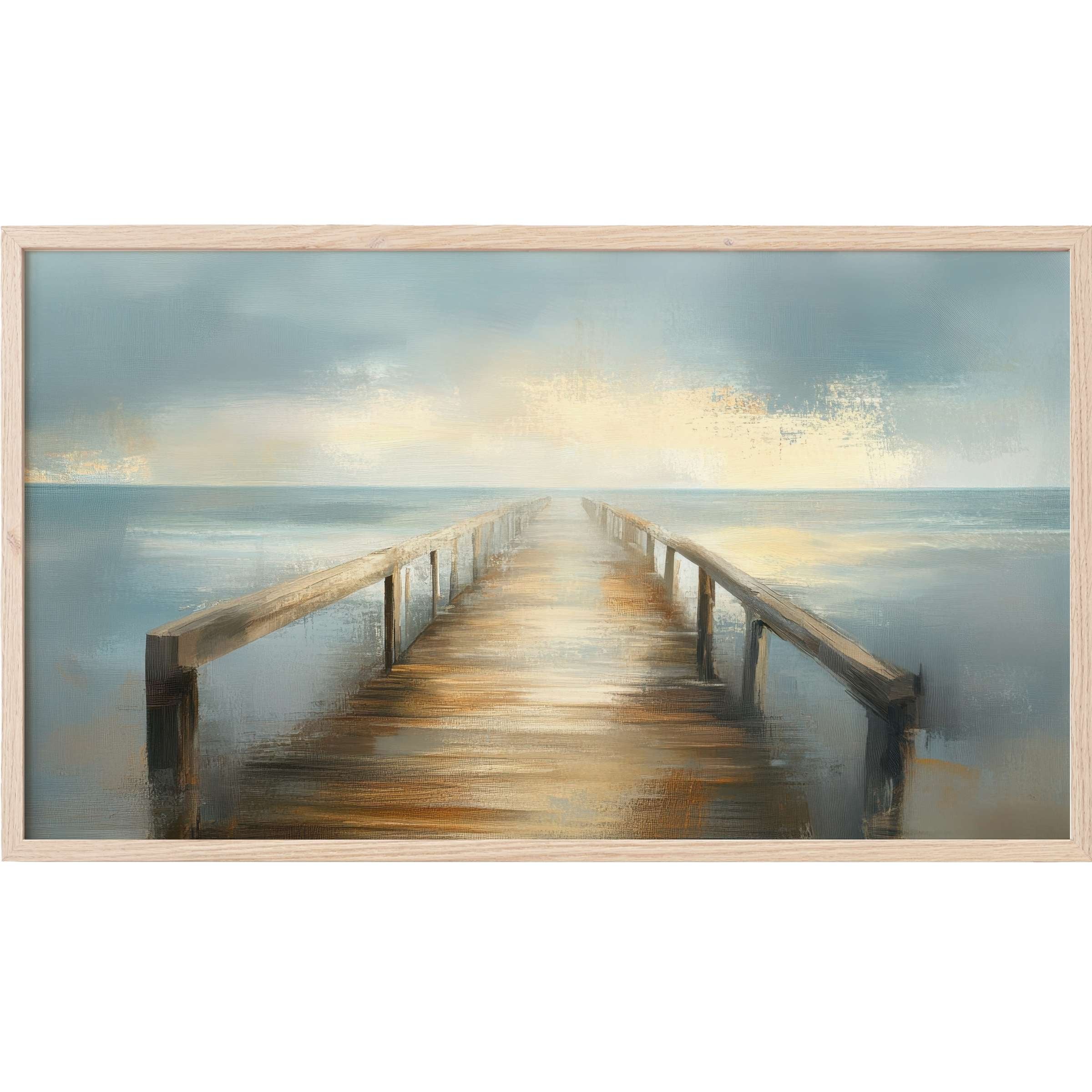 Serene ocean pier painting in muted blues and soft neutrals, evoking calm in elegant beach Frame TV Art style