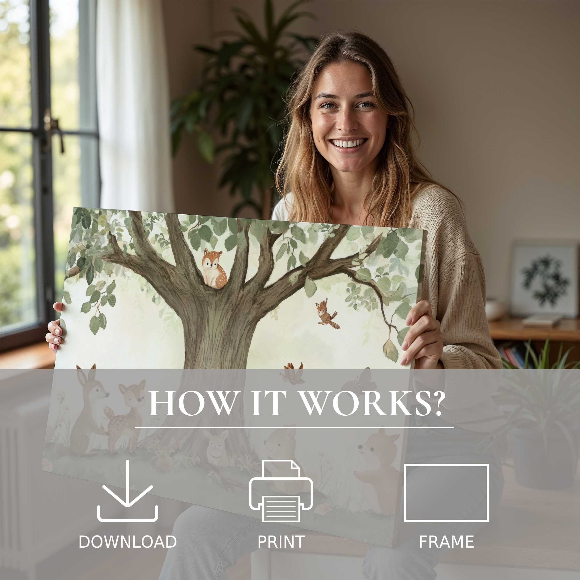 Bright, airy moment of joy and connection in a modern home, showcasing a nursery digital art print’s gentle woodland charm