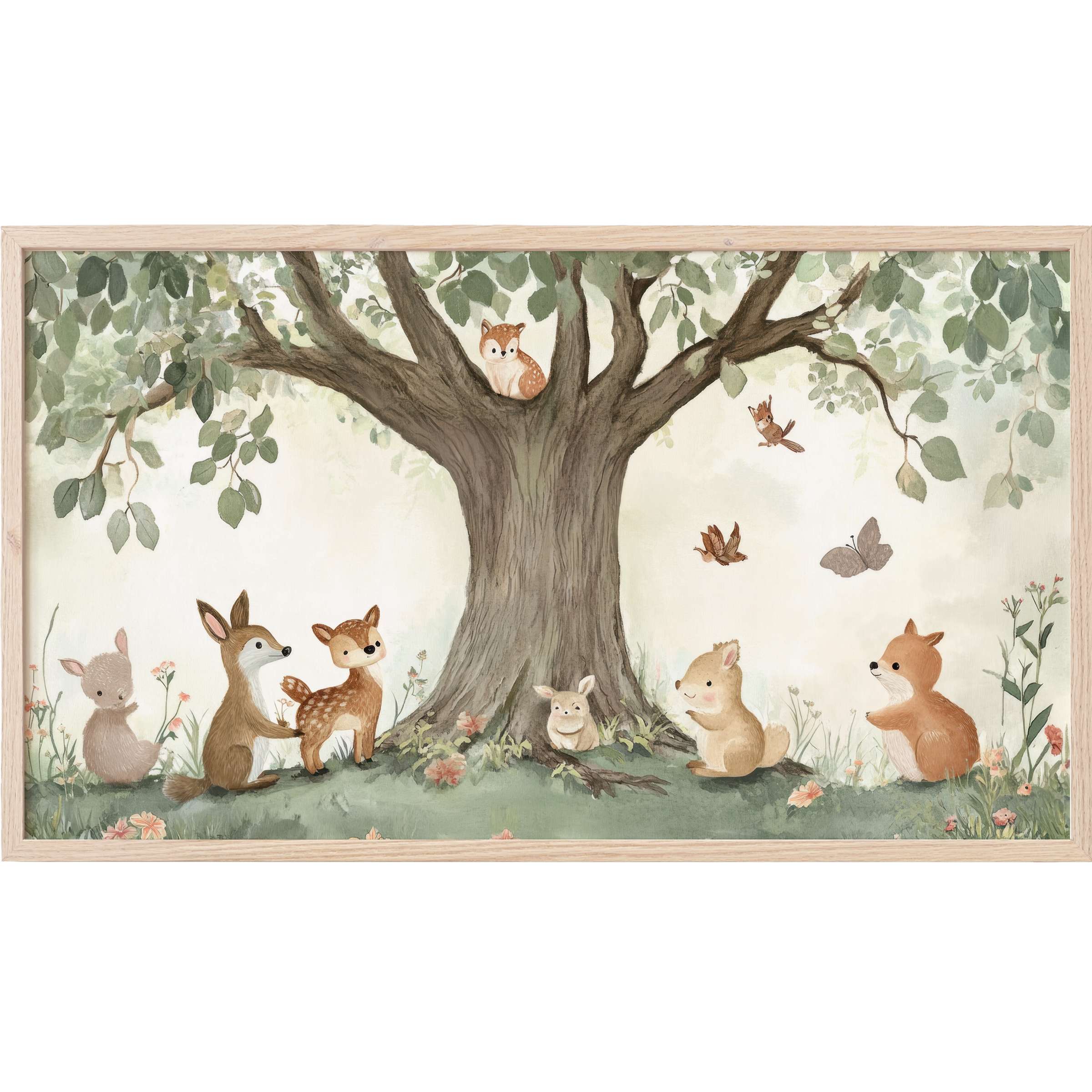 Whimsical woodland scene in soft greens and browns, featuring animals under a tree, nursery Frame TV Art