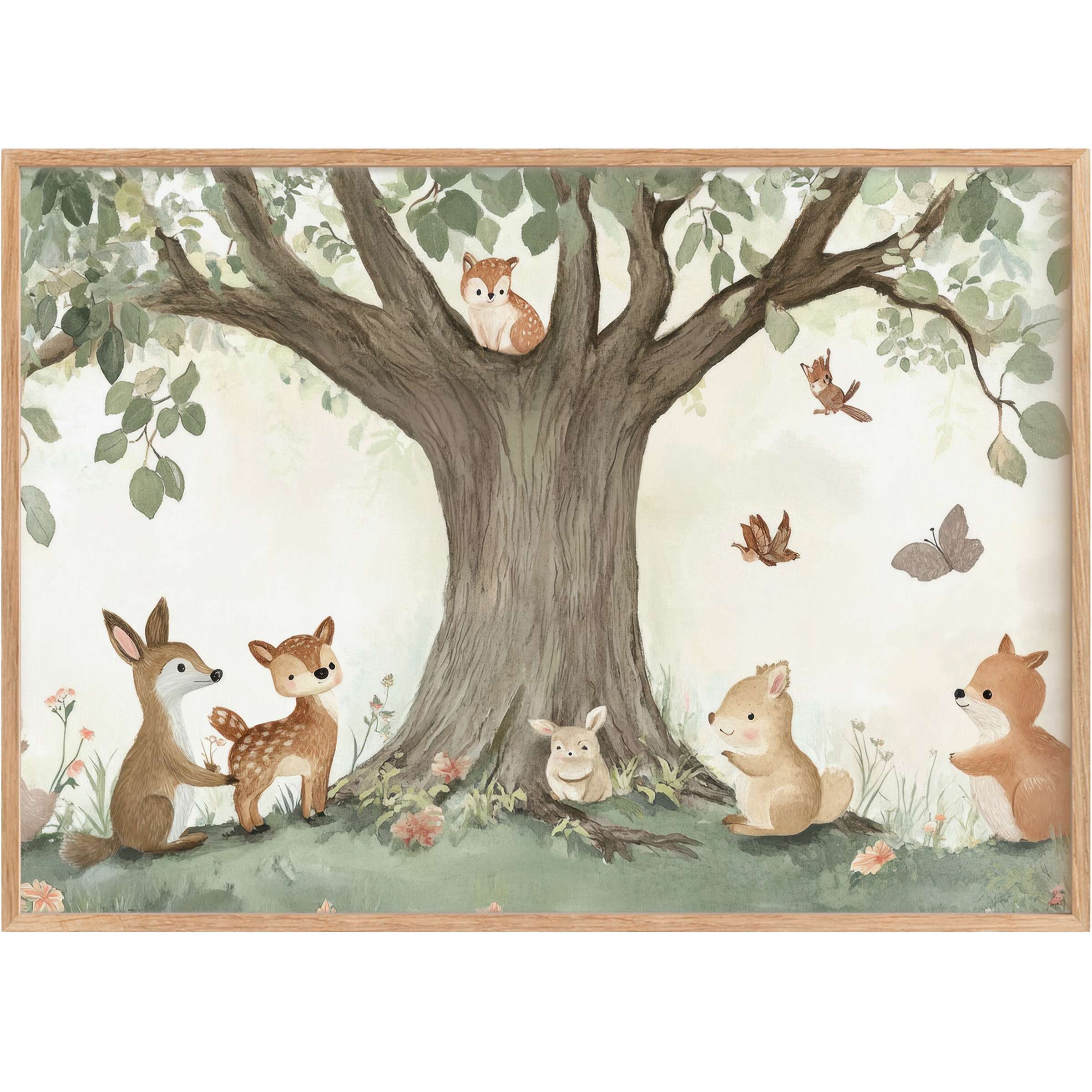 Whimsical nursery printable wall art features gentle woodland creatures around a serene tree, evoking calm and warmth with soft greens and browns
