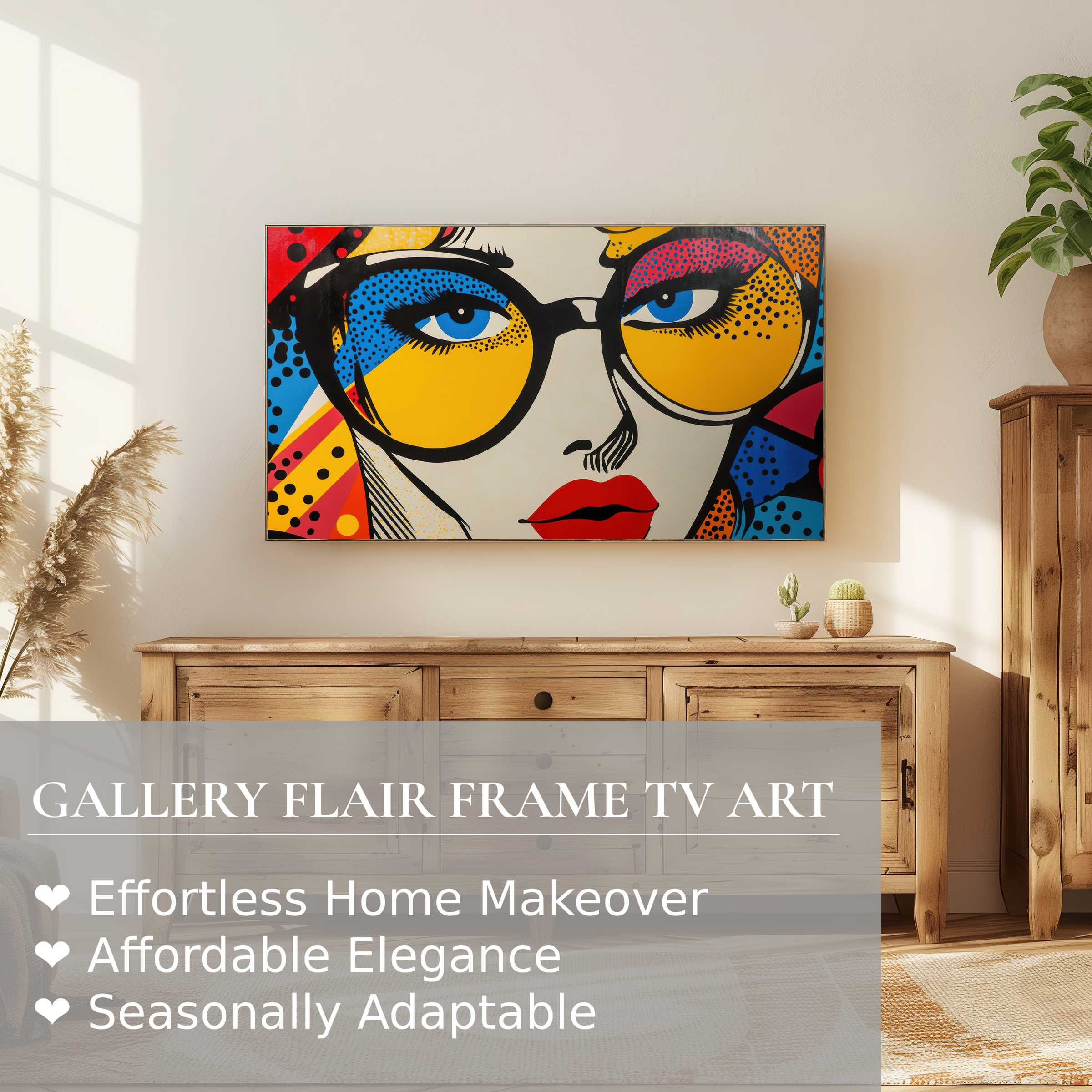 Samsung Frame TV displays vibrant modern digital artwork in a chic, sunlit living room with natural wood decor