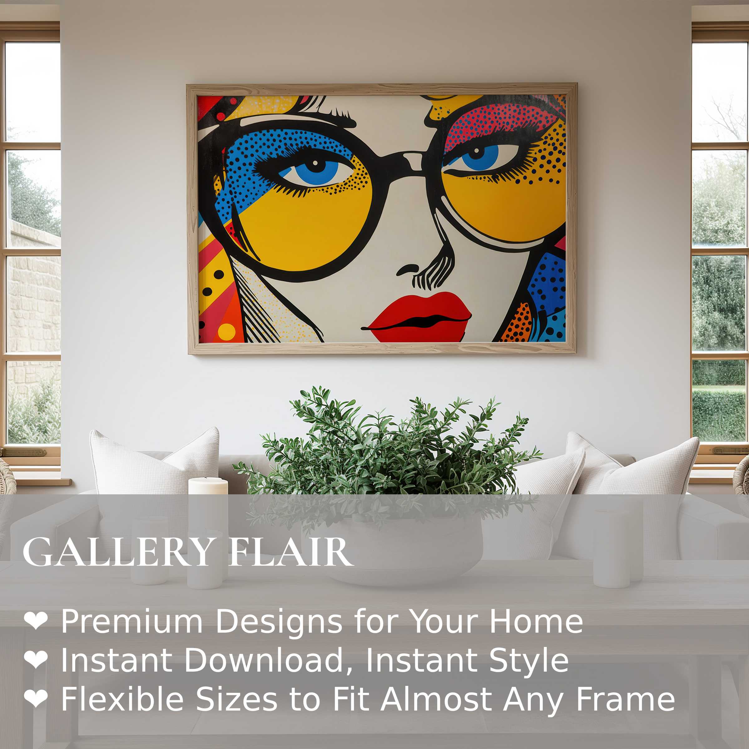 Modern wall art print featuring bold pop art portrait with vibrant primary colors, enhancing minimalist living room with dynamic, stylish energy