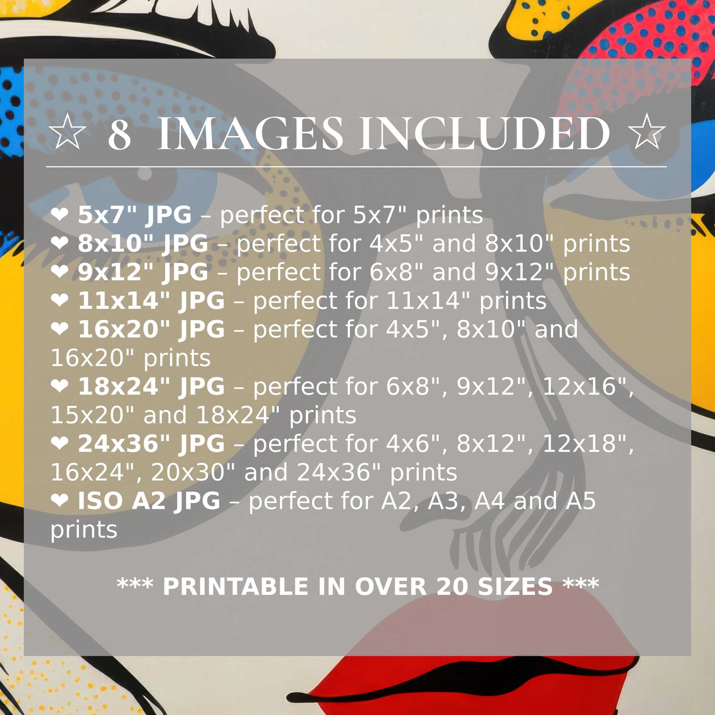 Radiant modern digital print in bold reds, blues, and yellows, elevating interiors with style and 8 included sizes