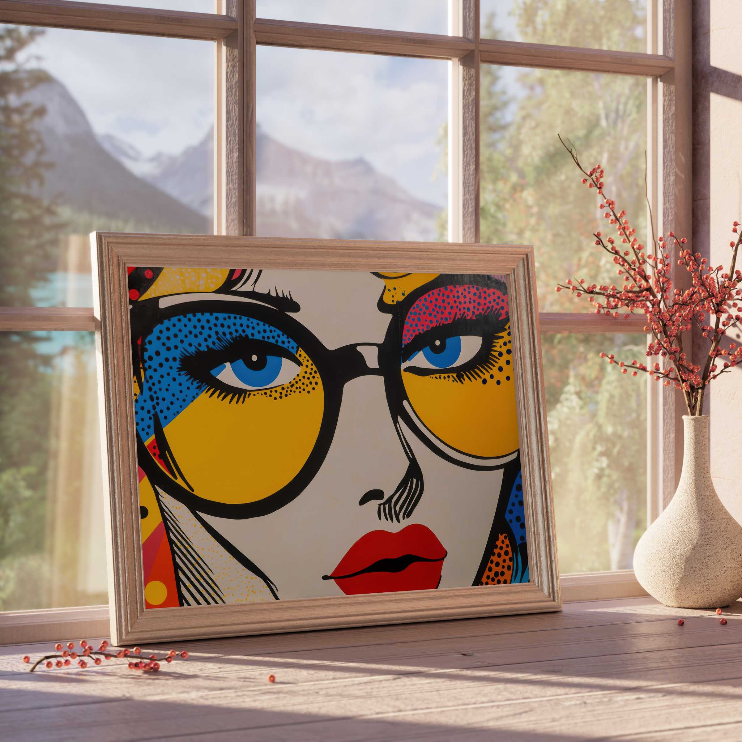 Modern downloadable art featuring bold pop art portrait with vibrant hues and sleek frame, elevating curated, stylish interiors