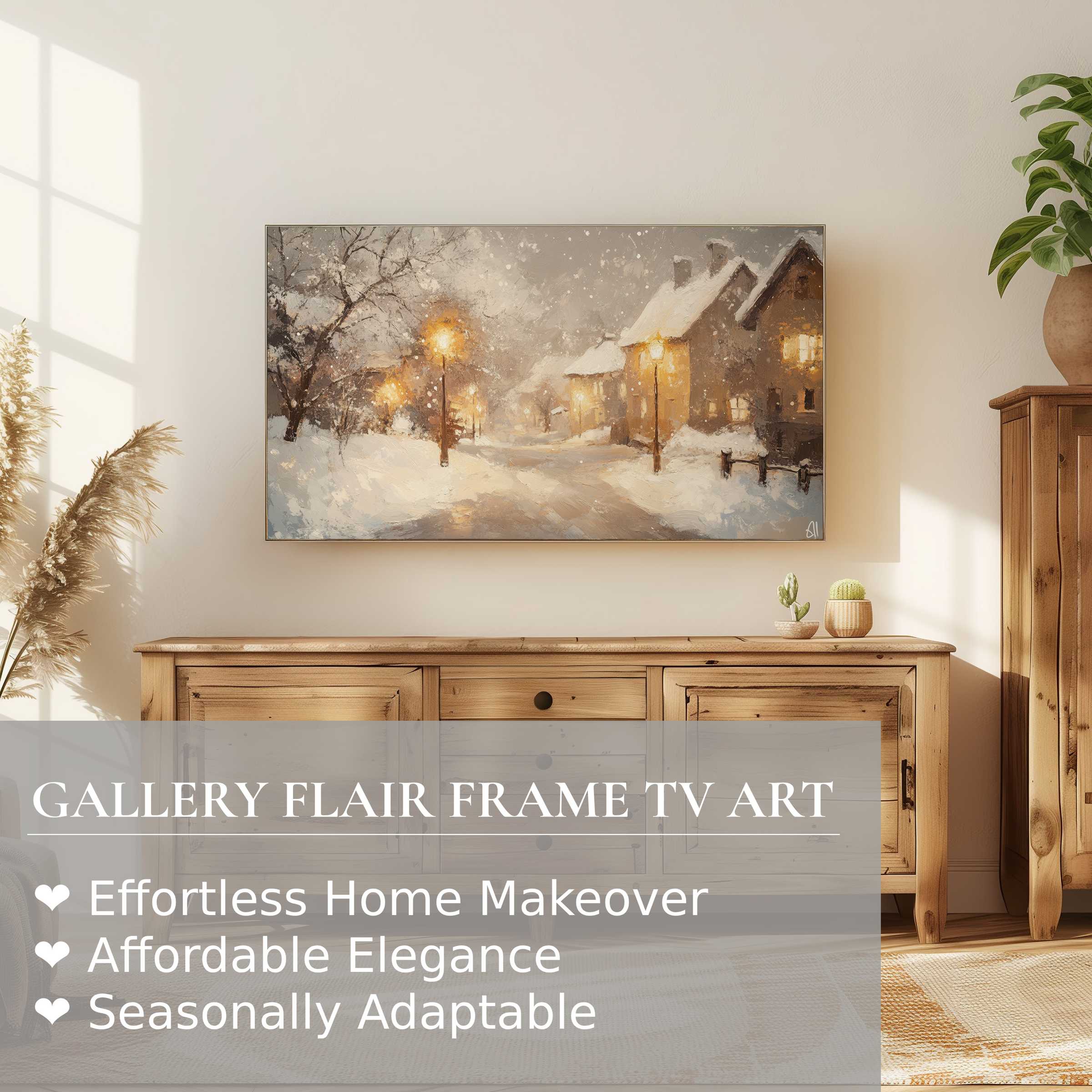 Samsung Frame TV showcases cozy winter digital artwork, blending warm street lamps with snow in a refined modern setting