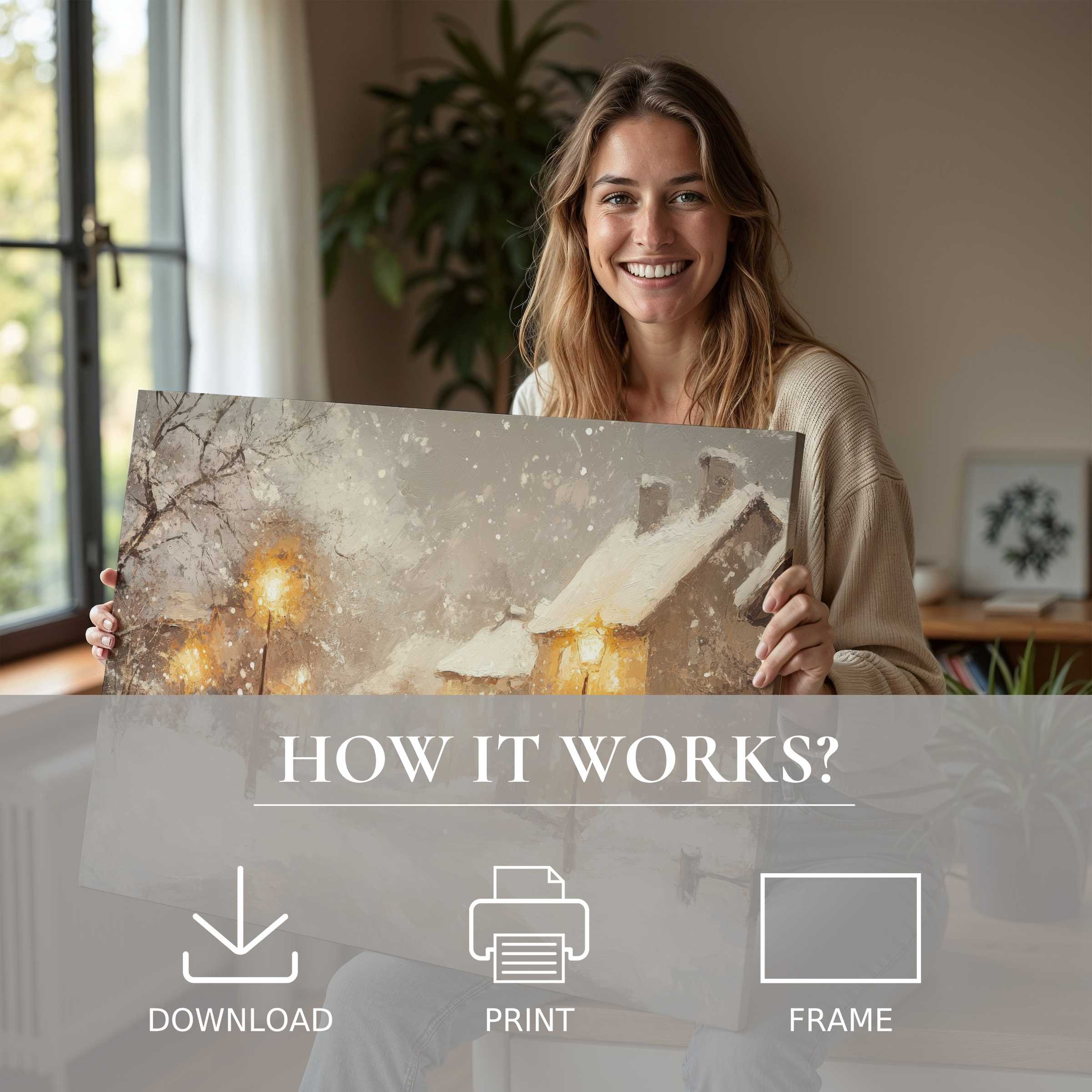 Joyful moment embracing winter digital art print in a stylish home, effortlessly transforming space with serene warmth