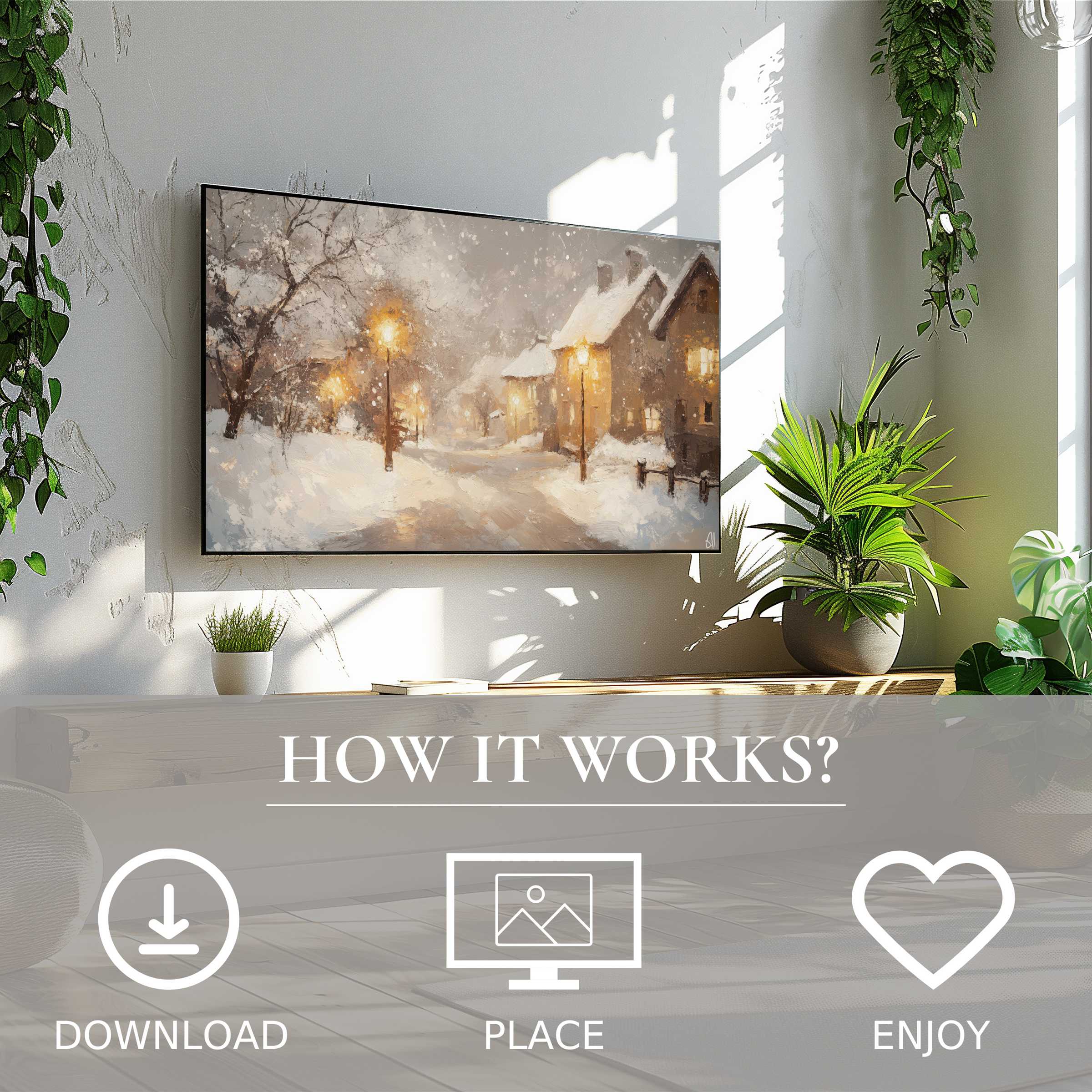 Winter art for Samsung TV shows soft sunset tones on Frame TV, easy digital download enriches modern living space