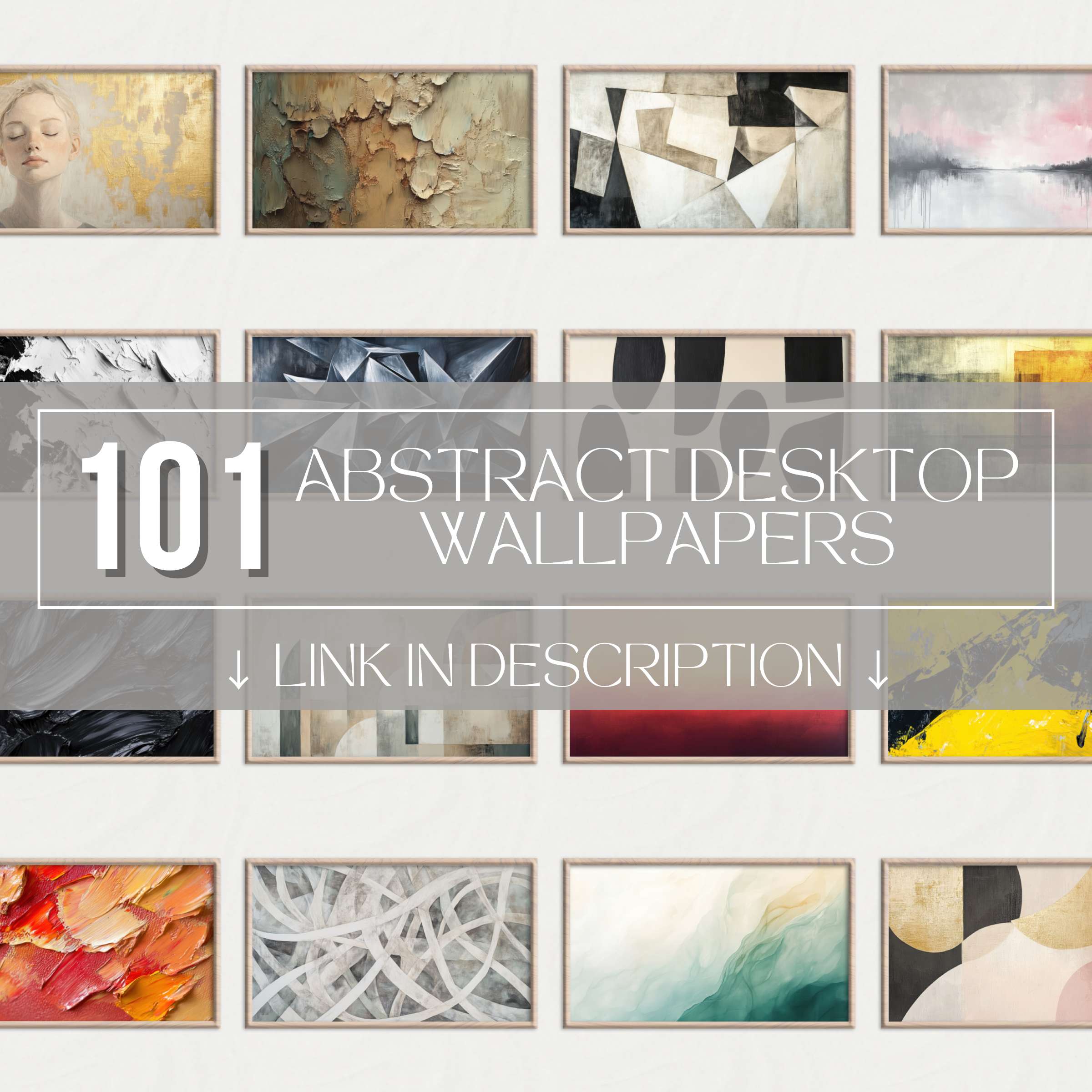 Collage preview of 101 Abstract Desktop Wallpapers featuring modern digital art backgrounds in bold colors and textures - perfect 4K screen backgrounds for design-conscious home offices