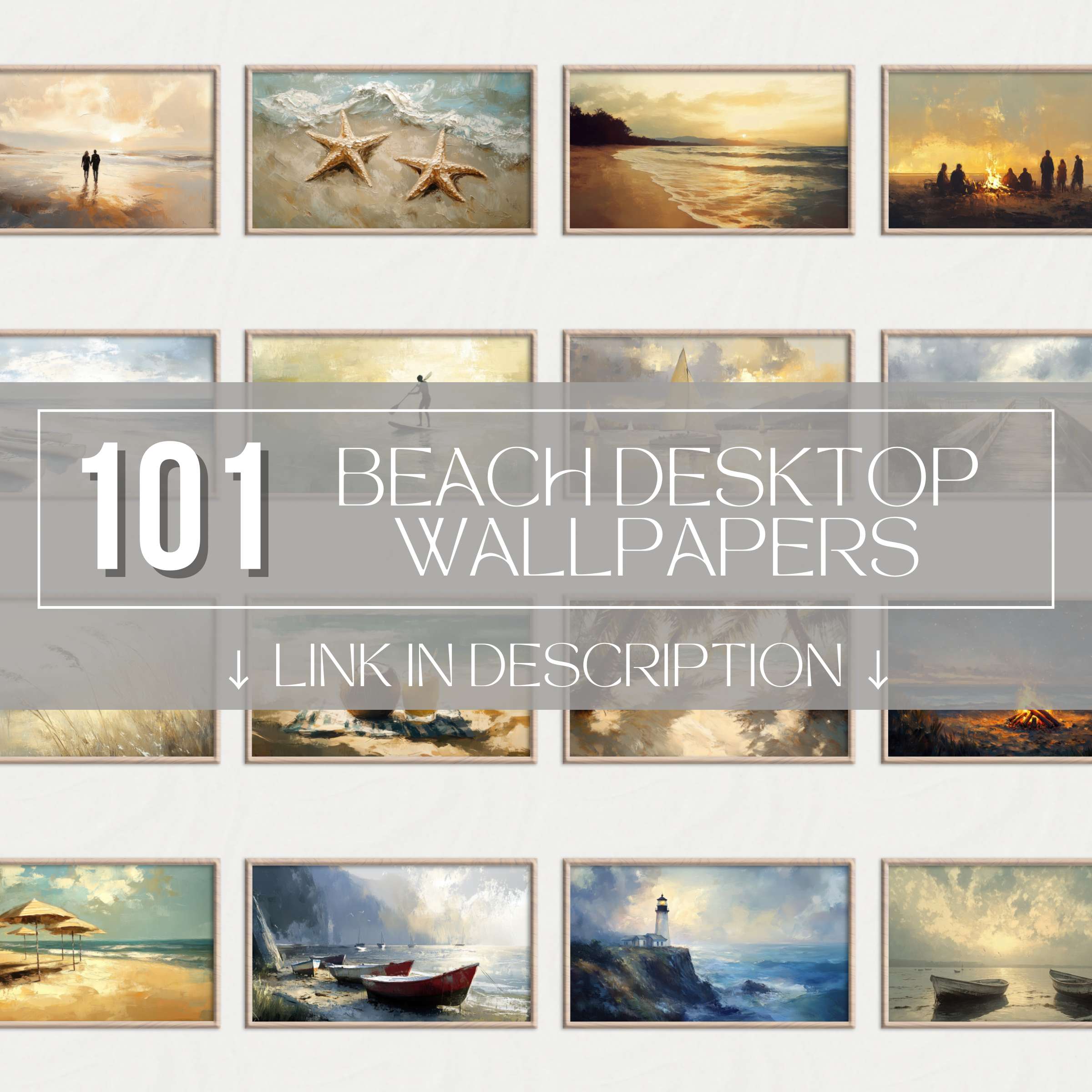 Preview collage of 101 Beach Desktop Wallpapers with serene ocean views, sunsets, boats and coastal scenes - high resolution digital backgrounds for stylish 4K screen setups