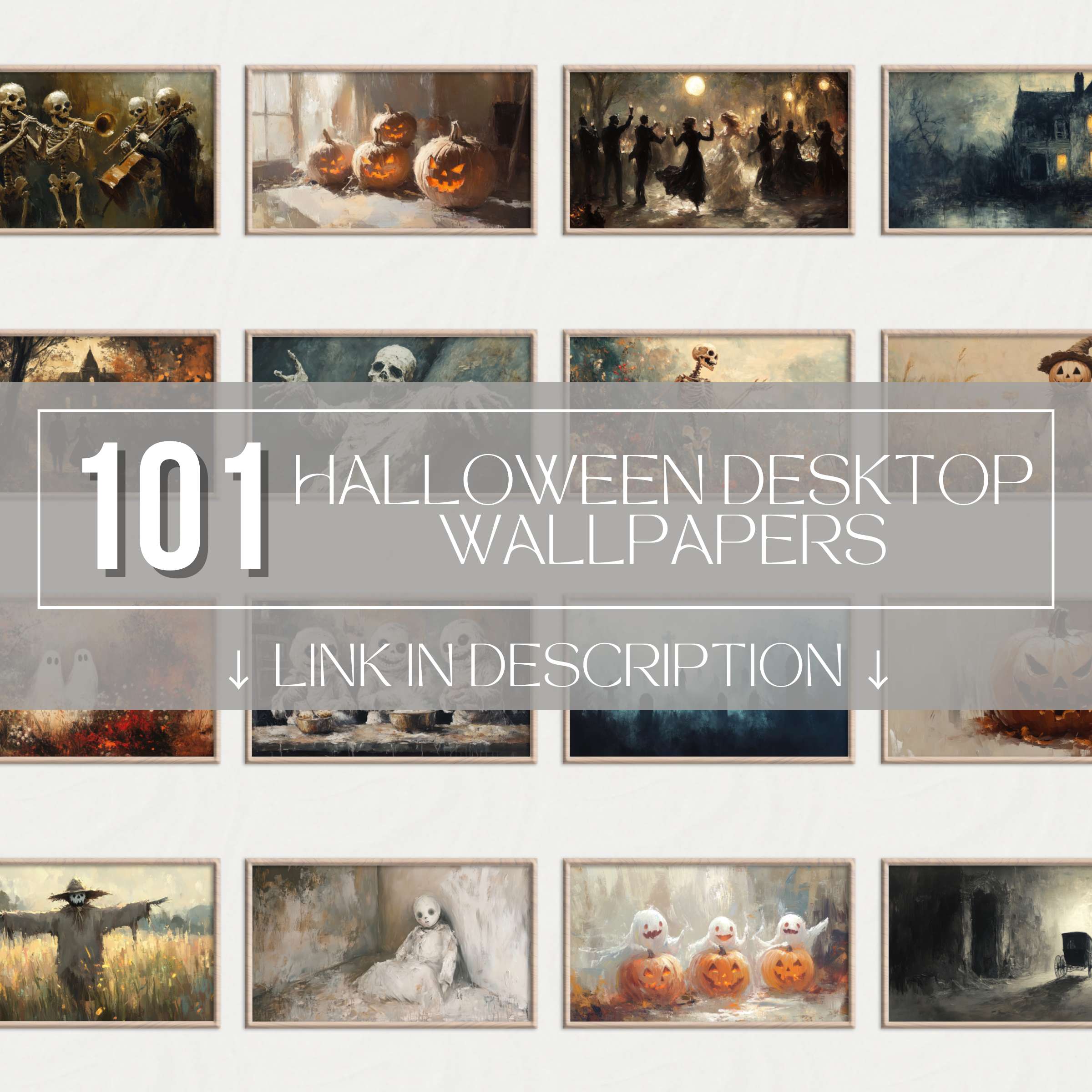 Collage preview of 101 Halloween Desktop Wallpapers with pumpkins, skeletons, haunted houses, spooky art and autumn night scenes - high resolution digital backgrounds for festive 4K screens