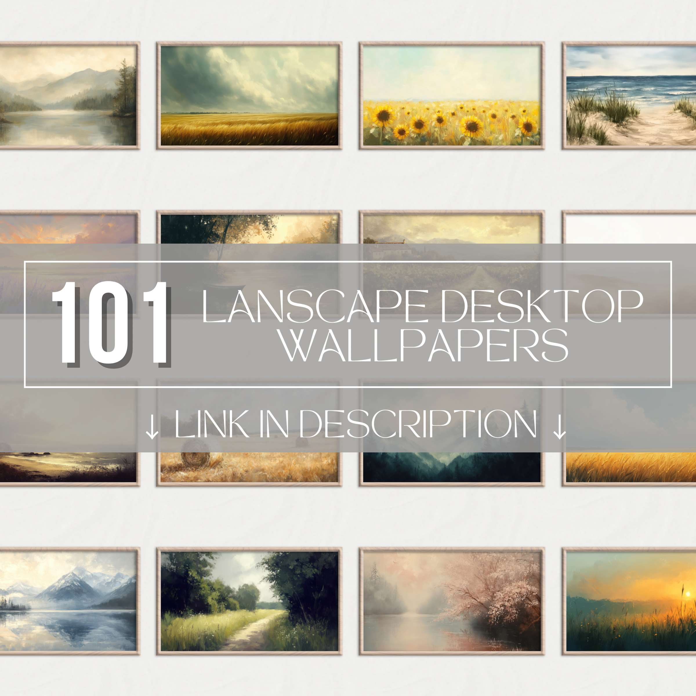 Collage preview of 101 Landscape Desktop Wallpapers with mountains, lakes, fields, beaches and scenic nature views - high resolution digital backgrounds for stylish 4K screen setups
