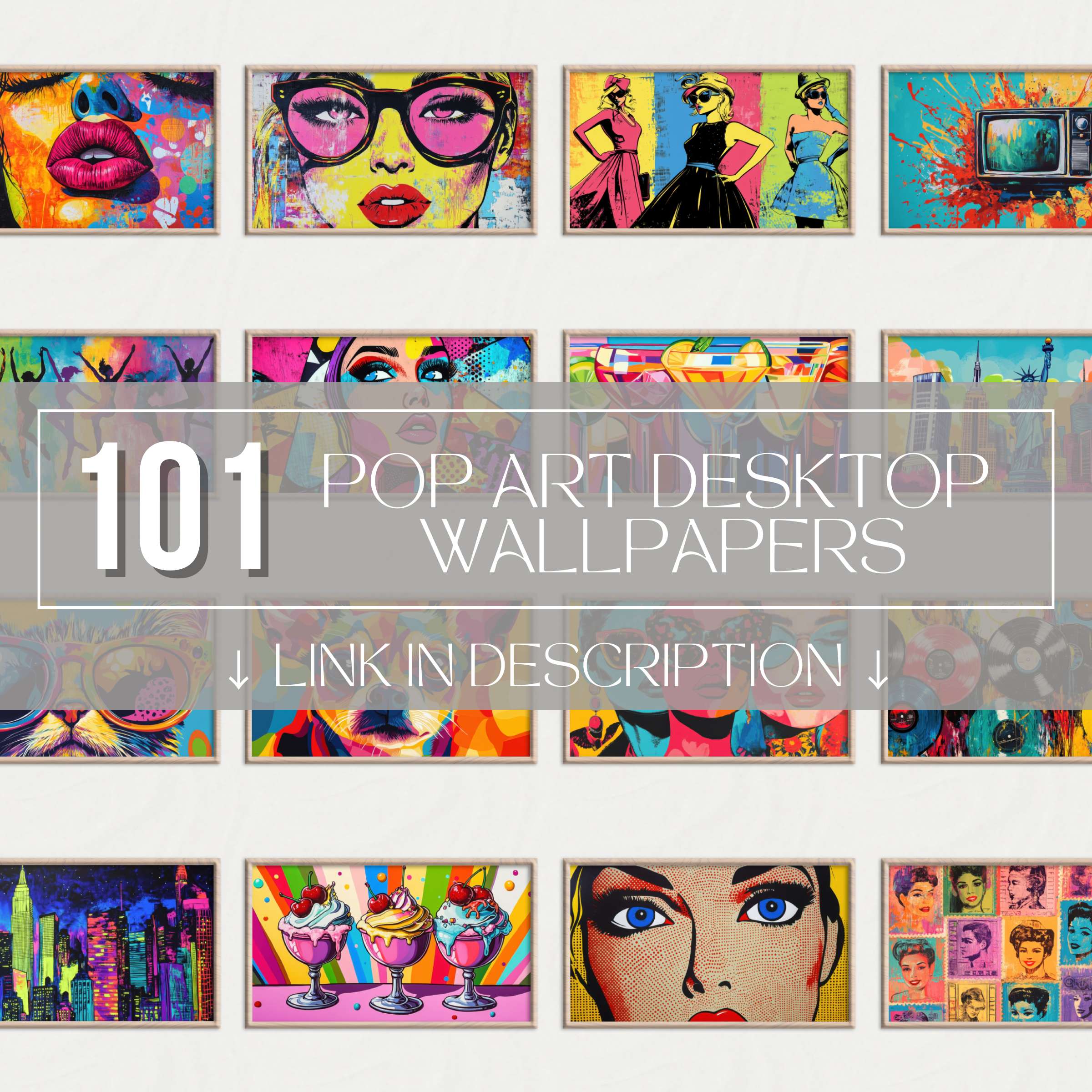 Collage preview of 101 Pop Art Desktop Wallpapers with bold colors, retro comic style, vibrant digital backgrounds and high resolution 4K screen designs for modern desktop decor