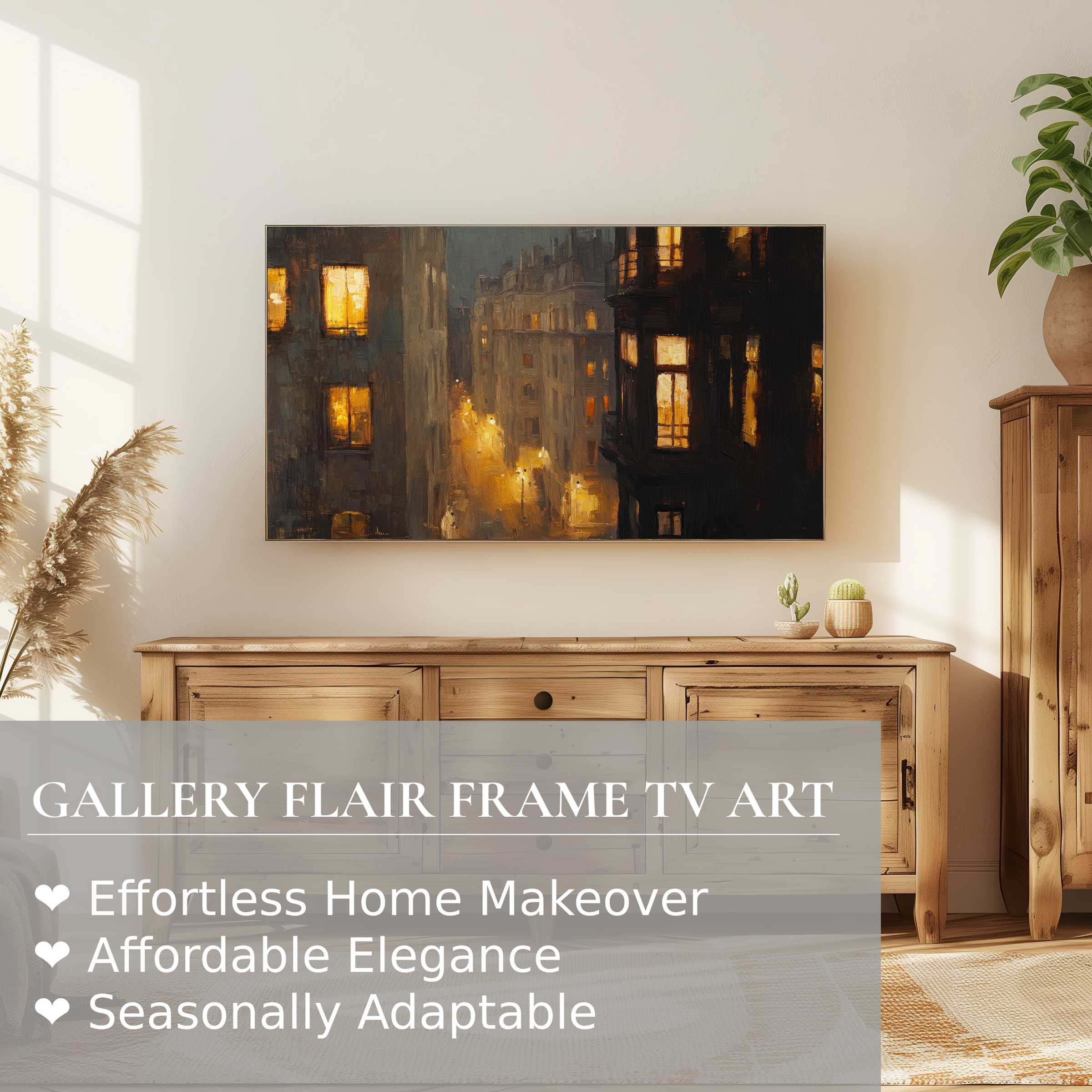 Samsung Frame TV displaying urban digital artwork of a moody, illuminated city street in warm tones
