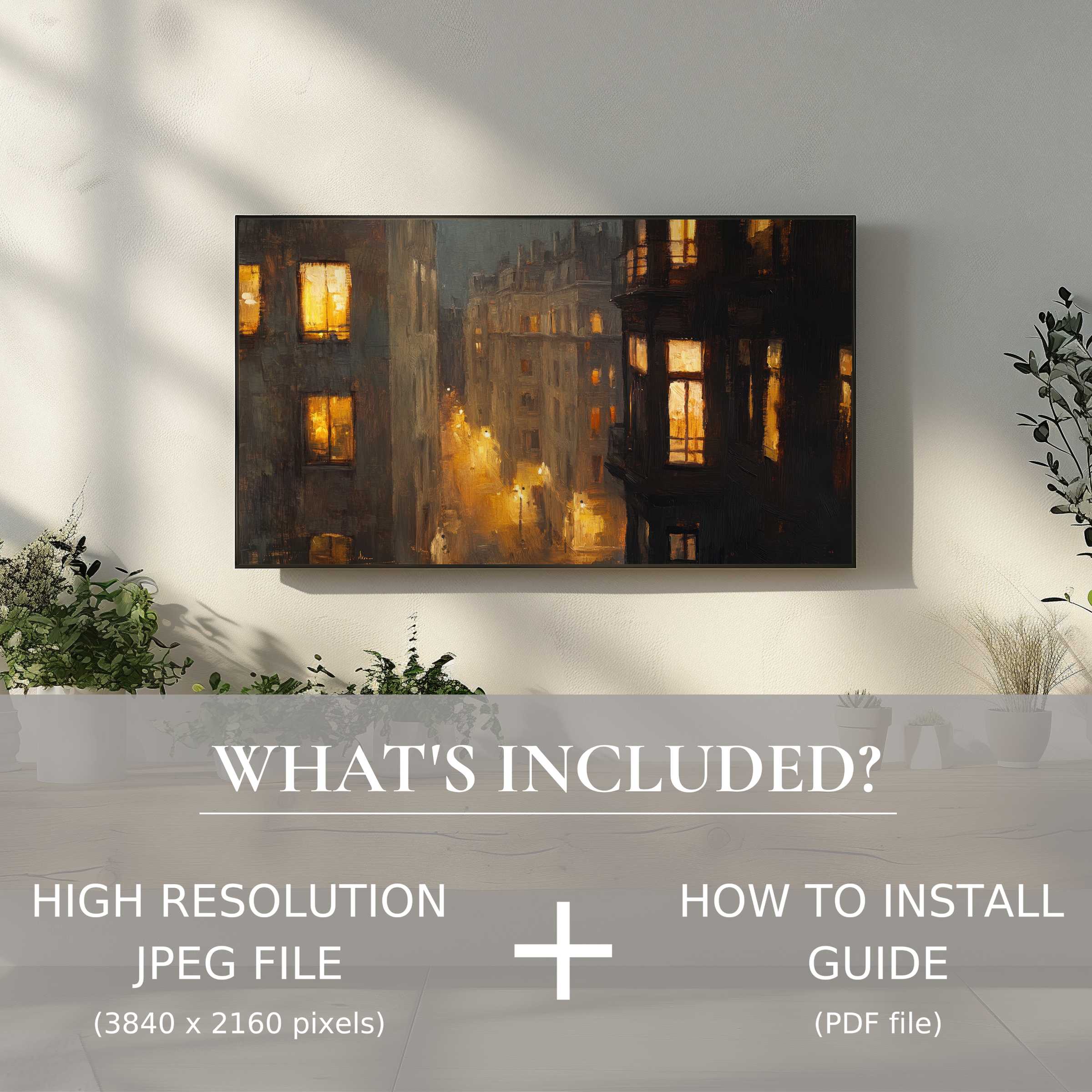 Elegant urban digital TV art download with easy digital use, enhancing your living space with warm nighttime cityscapes