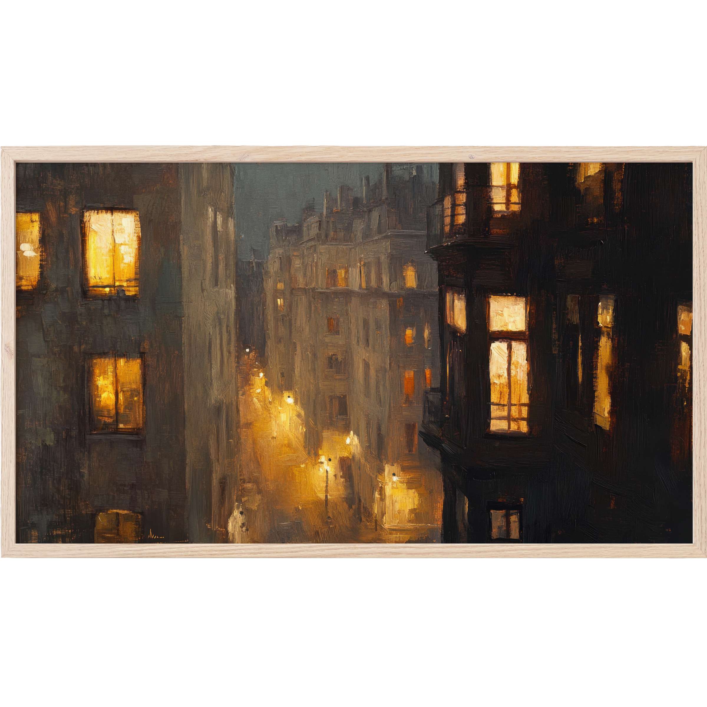 Urban night street scene in warm amber and deep shadows, rendered in textured brushstrokes - urban Frame TV Art