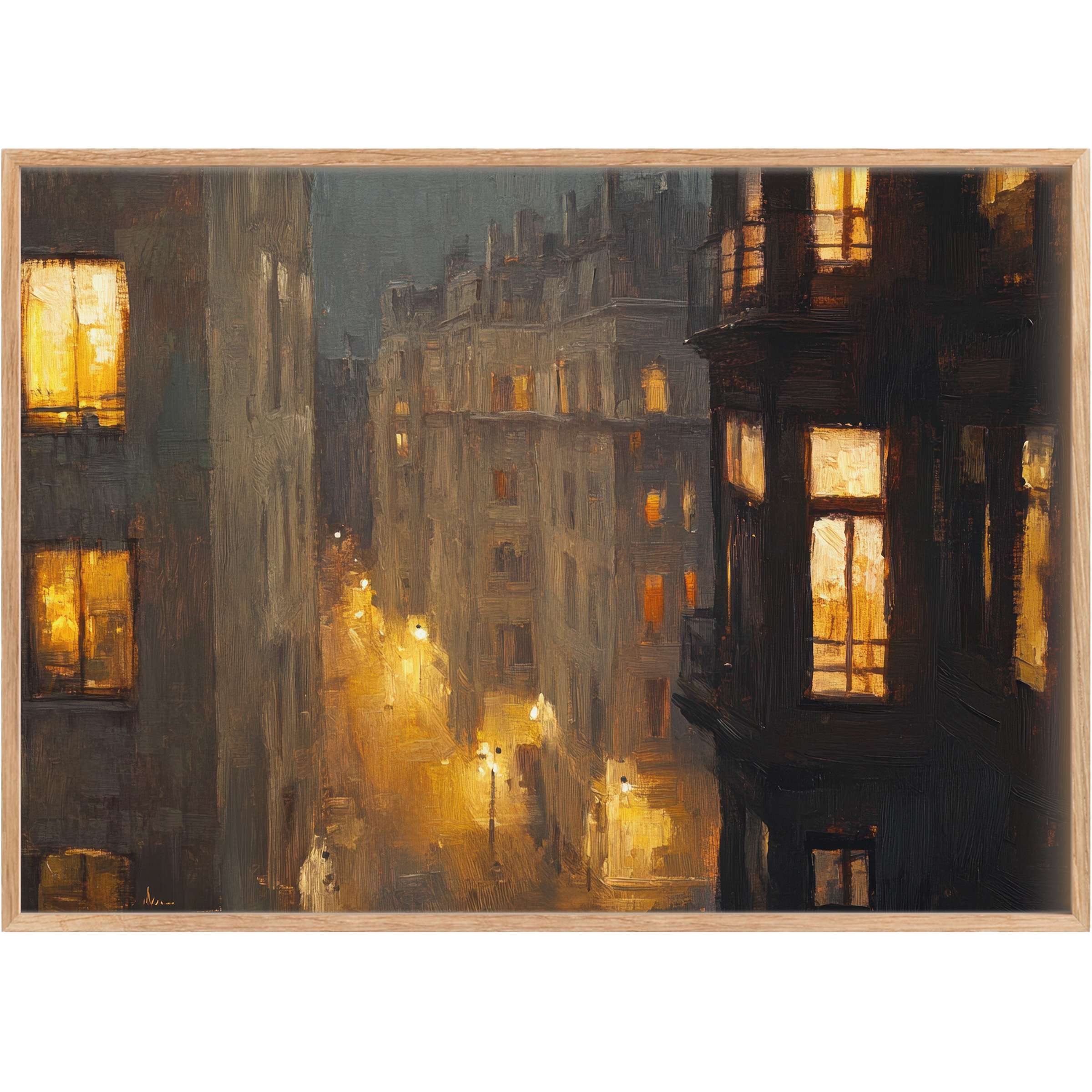 Urban printable wall art capturing a glowing cityscape at dusk, evoking a warm, serene, and intimate nocturnal ambiance