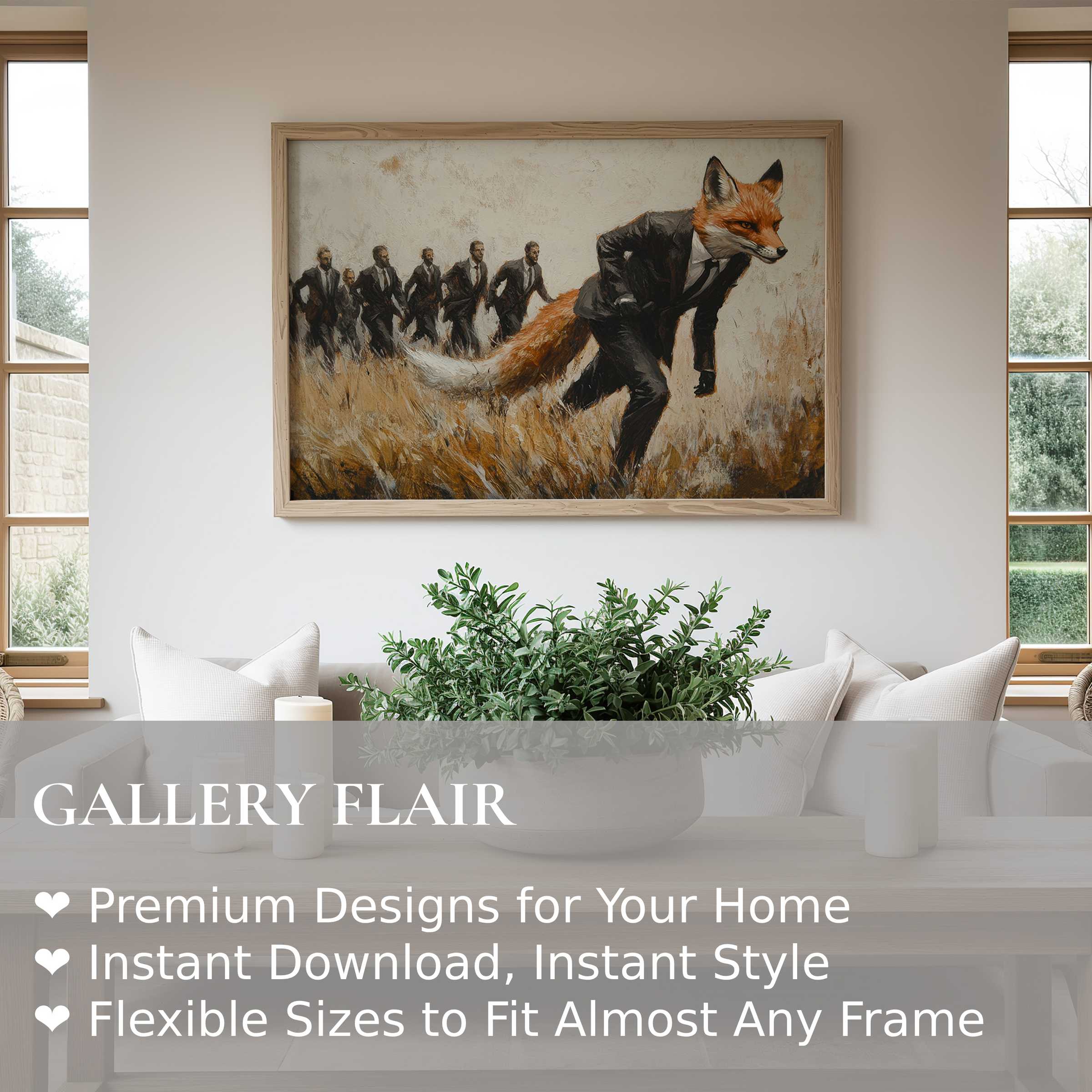 Bold street art wall art print featuring a surreal fox in a suit leading men, enhancing modern minimalist interiors with vibrant, edgy urban charm
