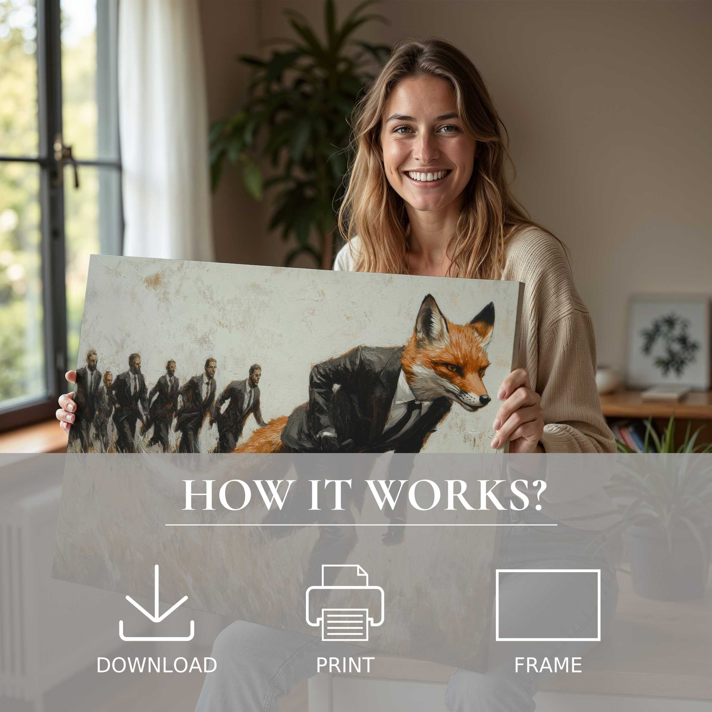 Woman joyfully displaying a striking street art digital art print in a serene, modern home, embodying art’s ease and warmth