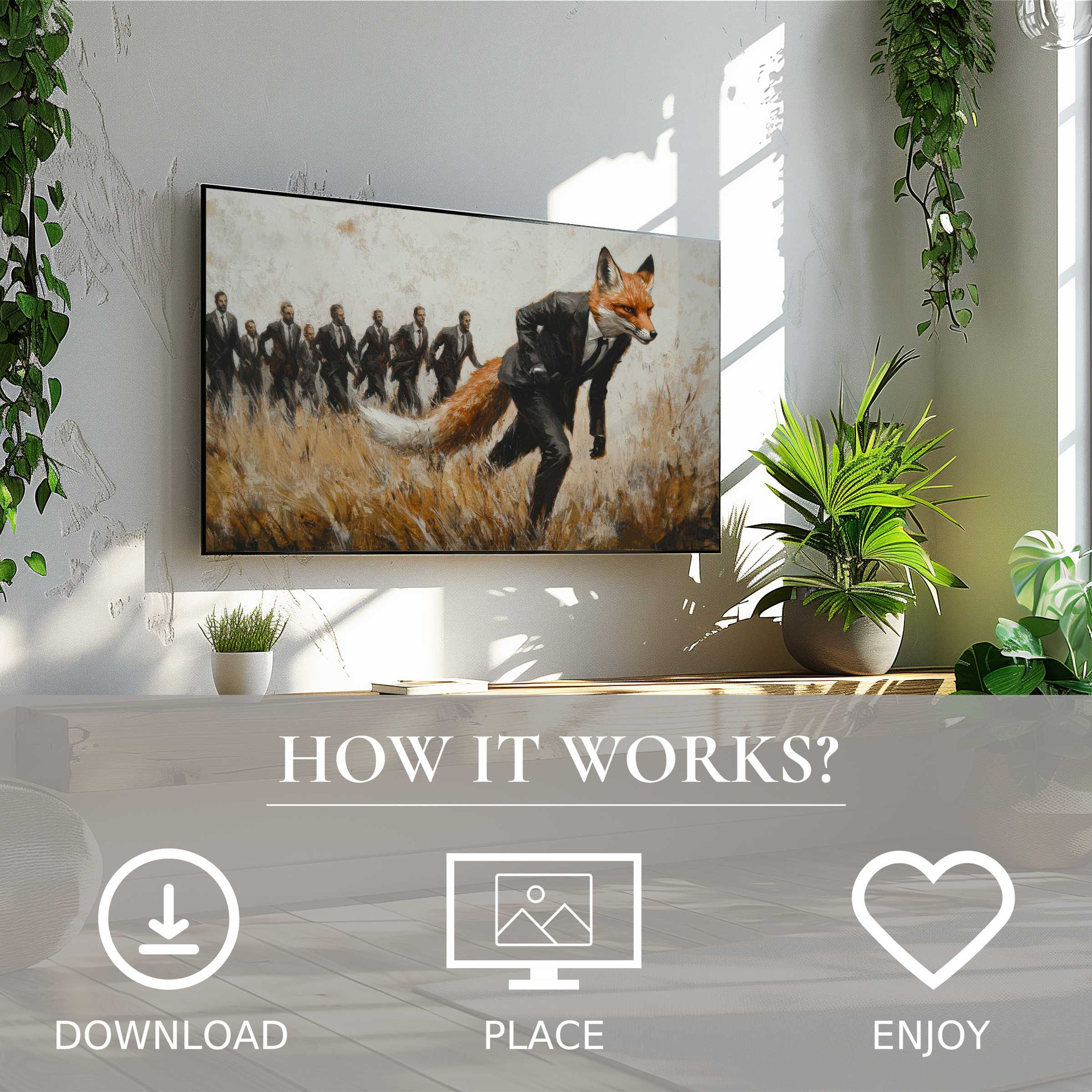 Modern living room with street art for Samsung TV showing a fox in suit motif, easy digital download enriches space