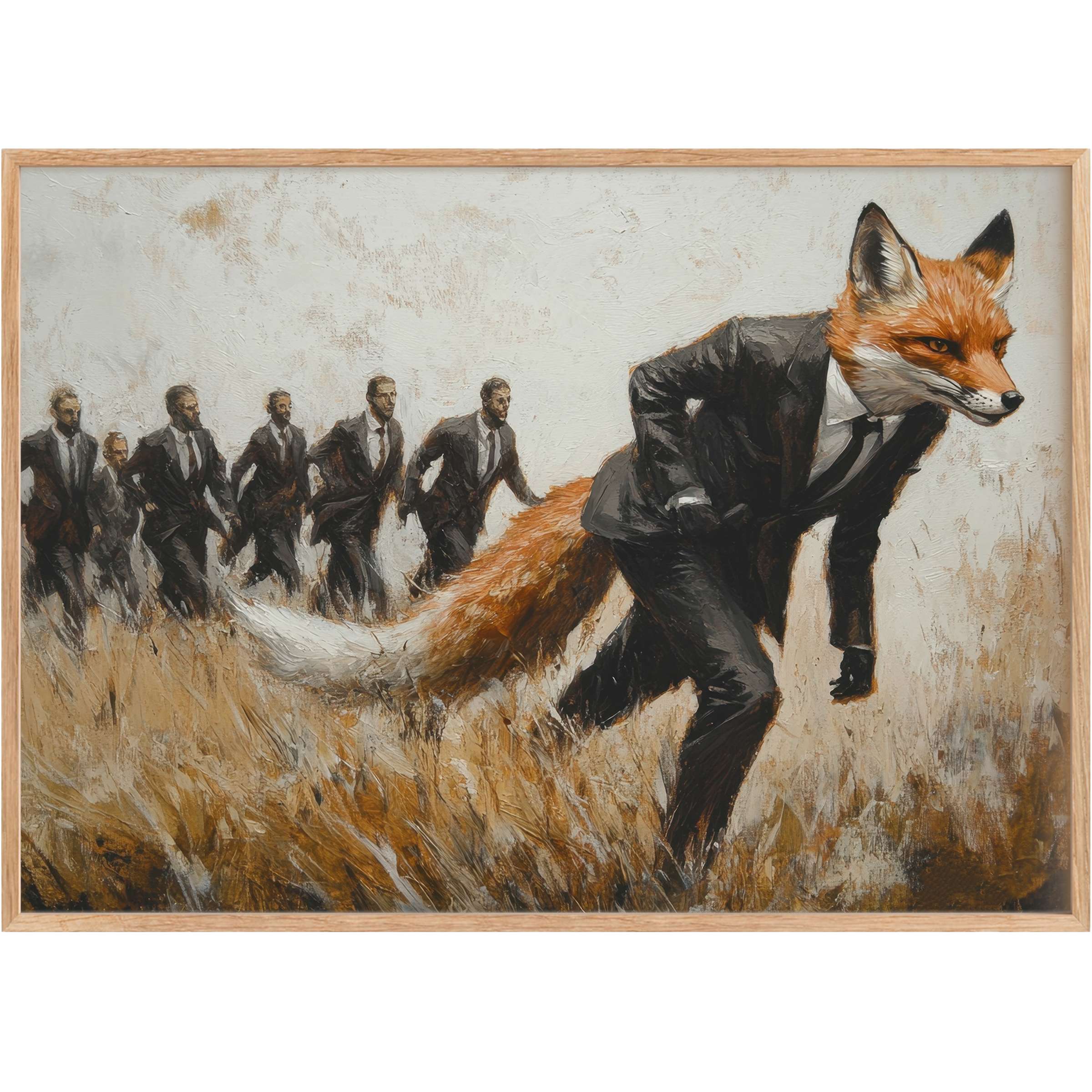 Bold street art printable wall art featuring a fox-headed figure leading suited men, evoking fierce confidence with warm amber and charcoal tones