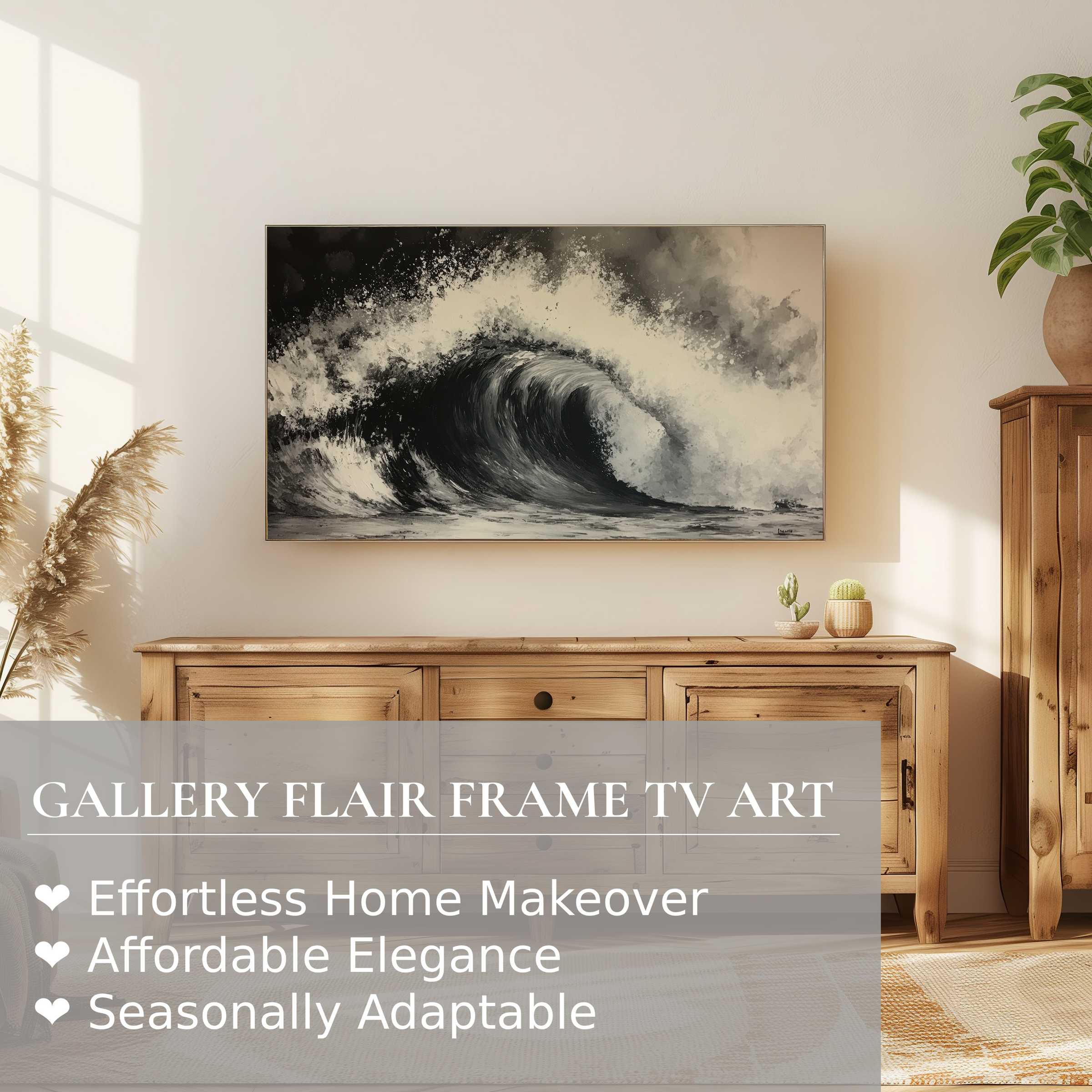 Samsung Frame TV displaying black and white digital artwork of a dynamic wave in a stylish, sunlit living room