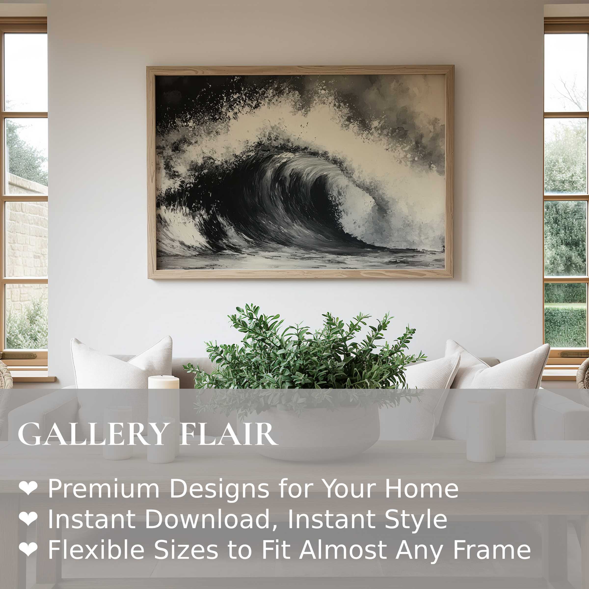 Black and white wall art print of a powerful ocean wave, adding bold, dynamic energy to a serene modern living room