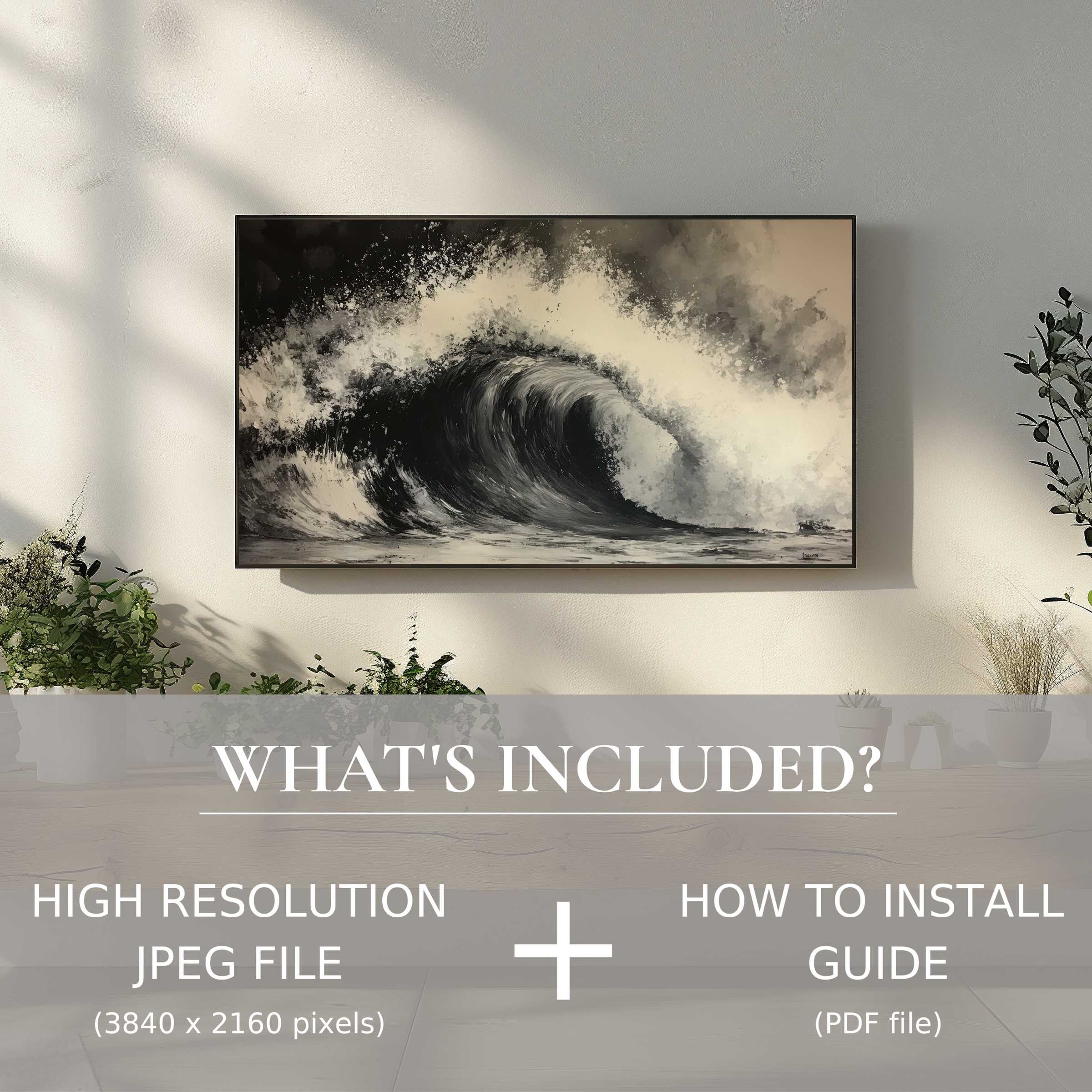 Elegant black and white digital TV art download of a wave, enhancing modern living spaces with easy digital use