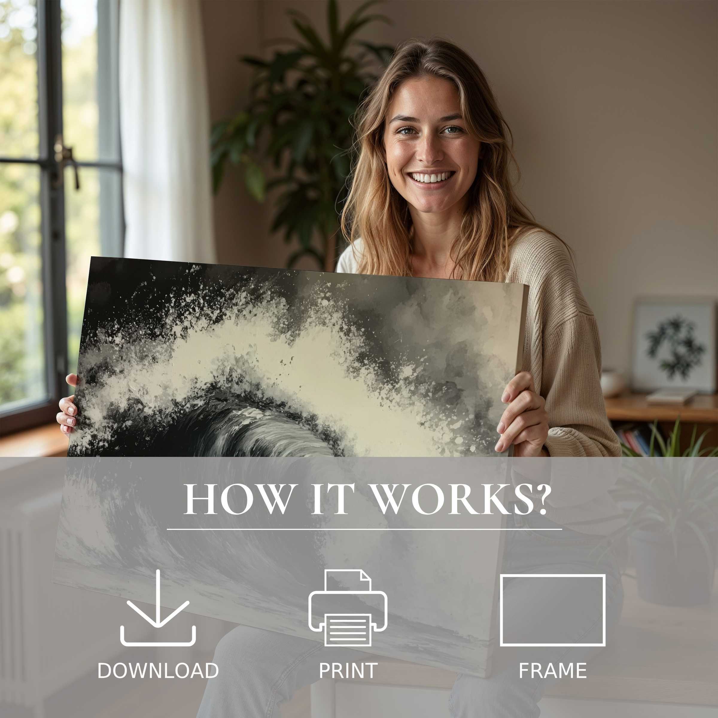 A joyful woman in a serene, modern home embraces a striking black and white digital art print, embodying the ease and beauty of living with art