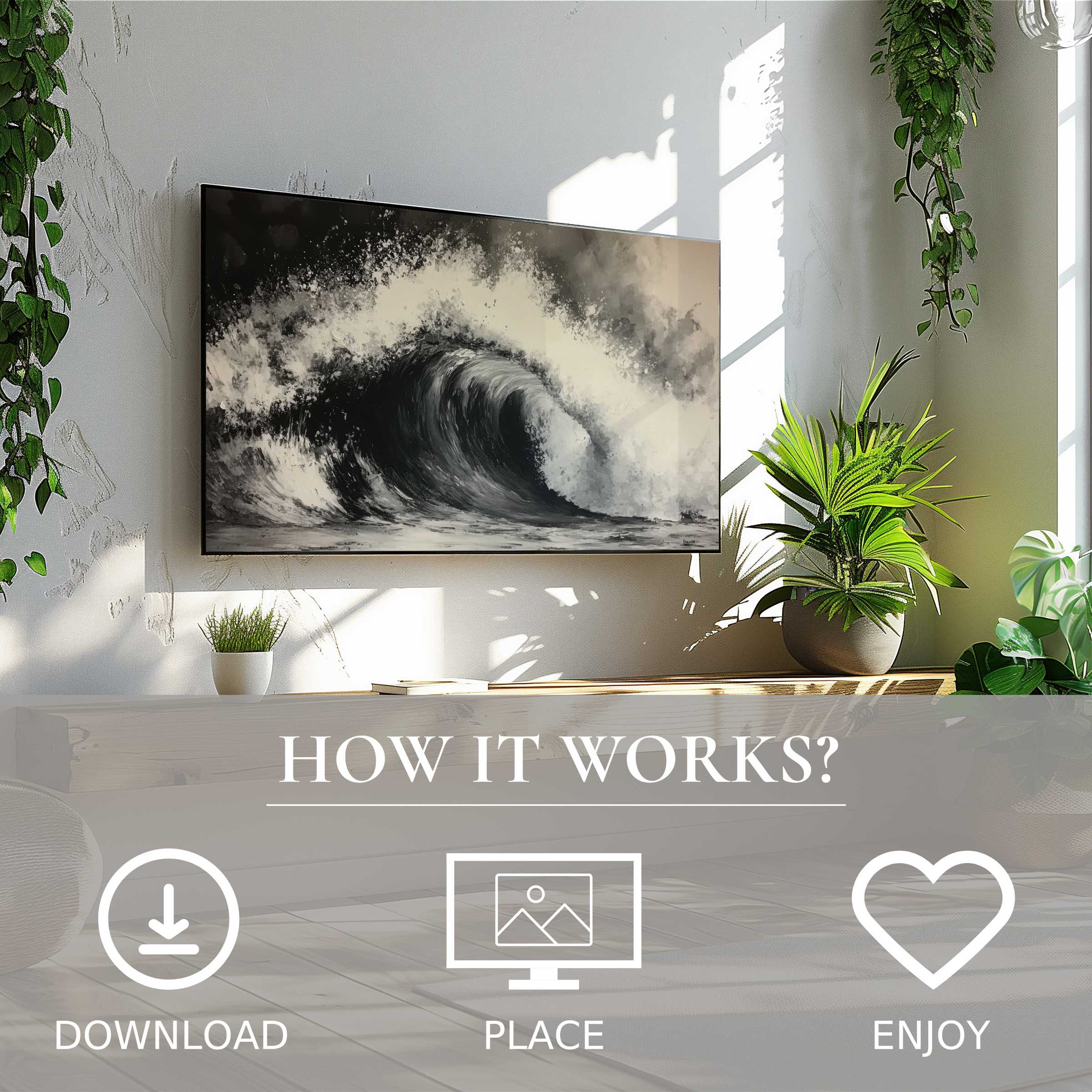 Black and white art for Samsung TV with wave motif enhances modern spaces, easy digital download for instant style
