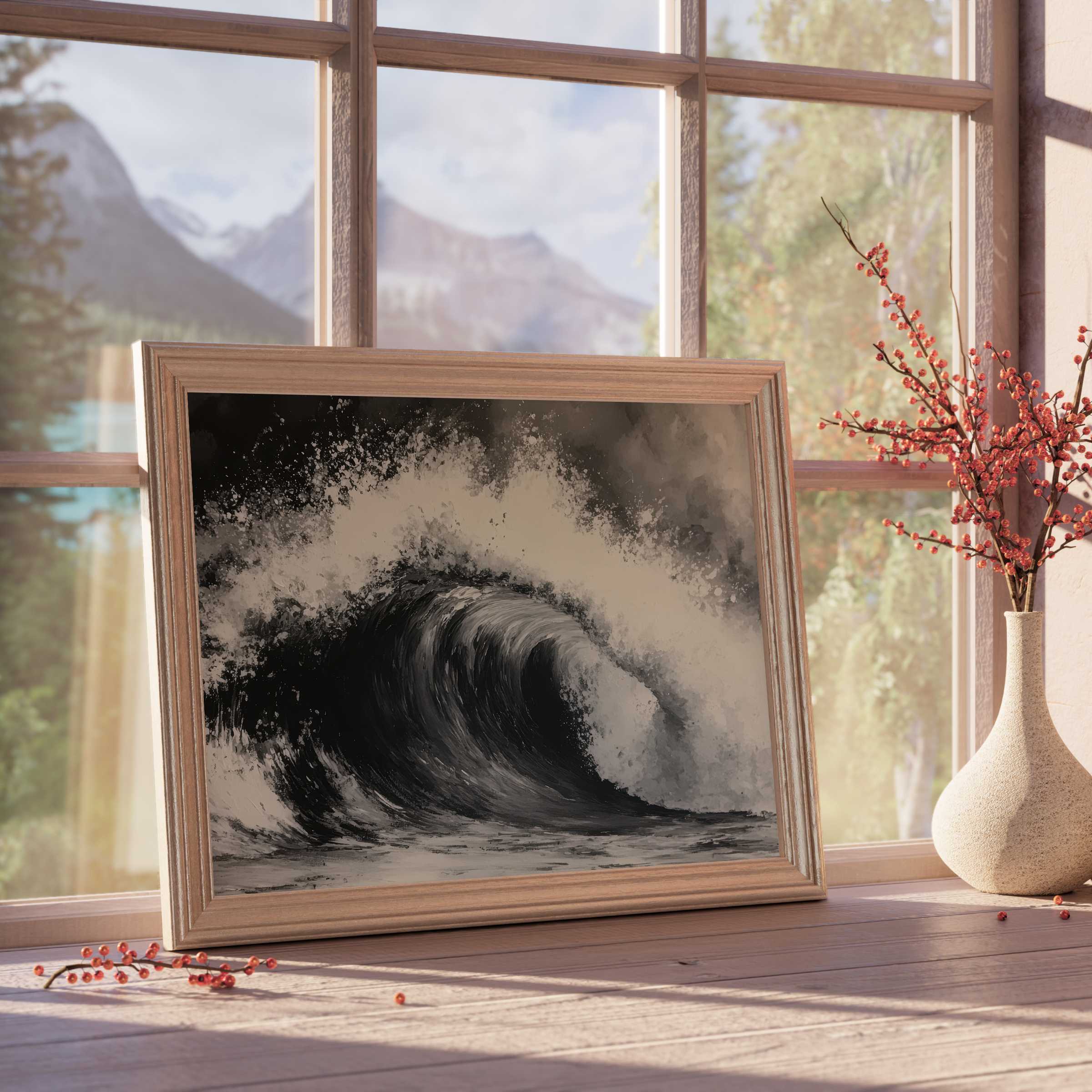 Black and white downloadable art capturing the raw power of ocean waves, perfect for serene, curated interiors with a modern coastal touch