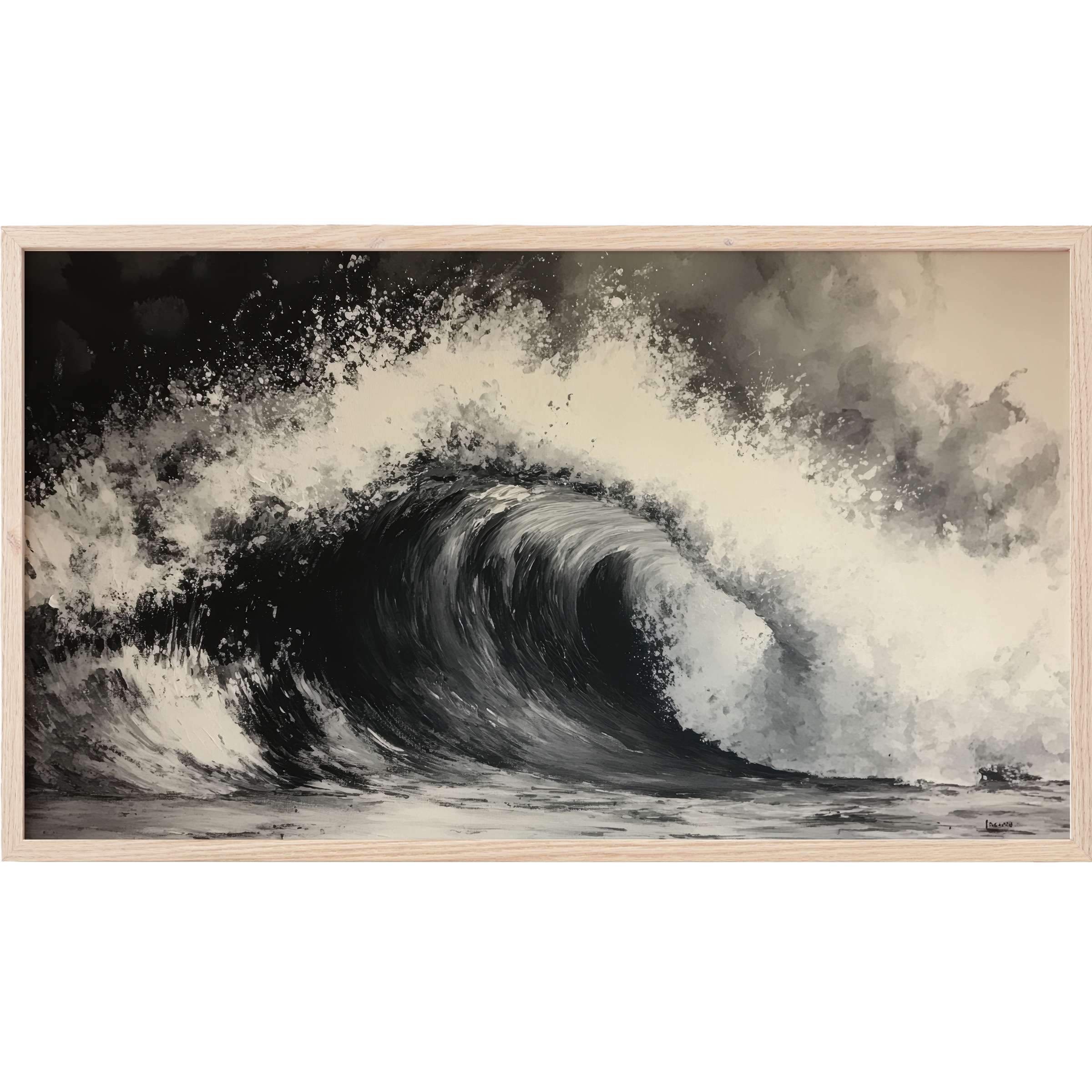 Dramatic ocean wave in dynamic black, white, and gray tones, captured with bold brushstrokes; black and white Frame TV Art