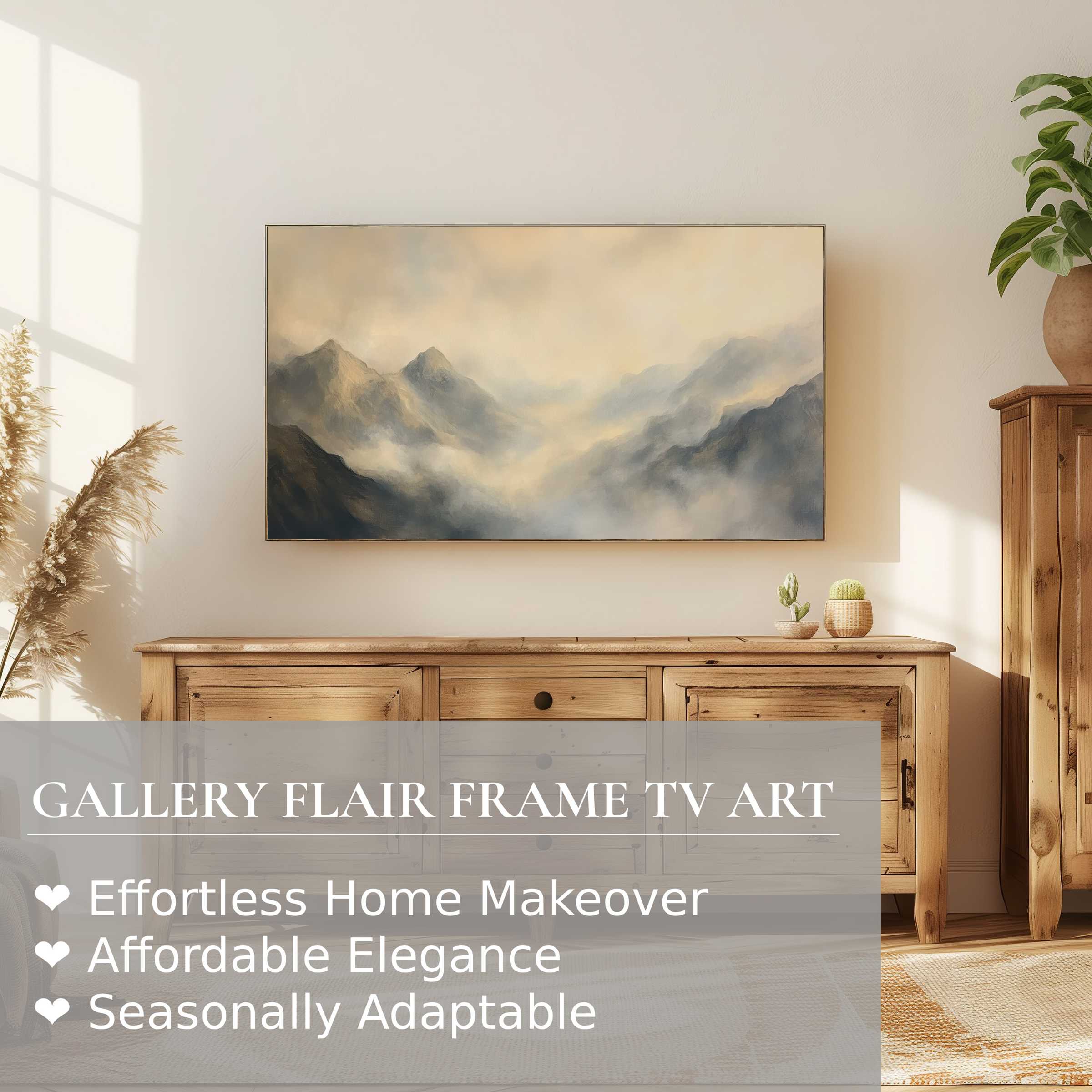 Samsung Frame TV displaying a serene, muted landscape digital artwork in a warm, modern living room setting